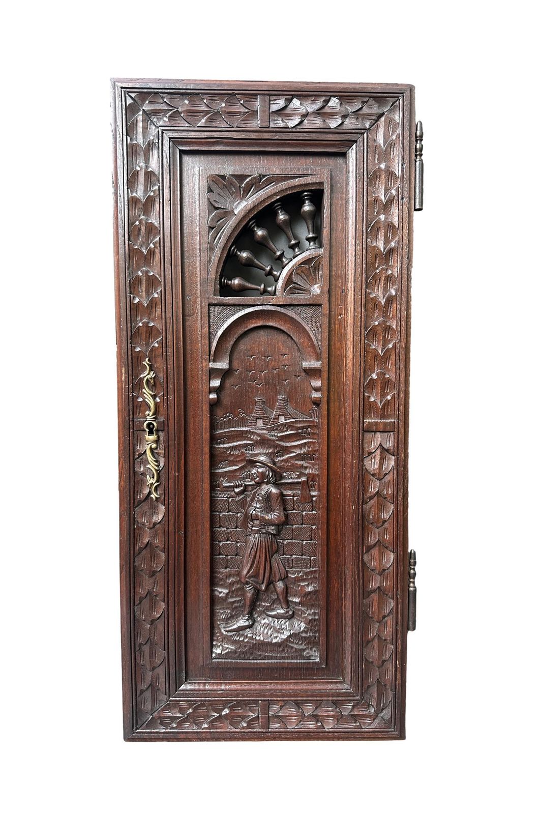 French Breton Carved Oak Door, Woodsman Scene, Late 19thc / Early 20thc, Upper Cabinet Antique Panel photo furniture