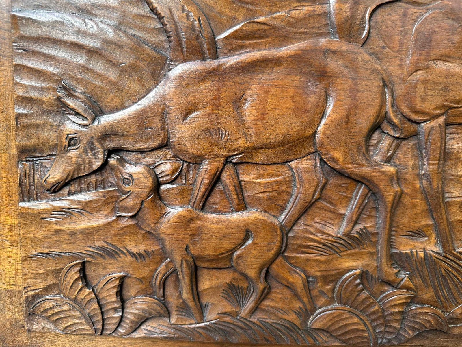 Large Art Deco Carved Walnut Panel   Woodland Scene Of Deer Family photo Art
