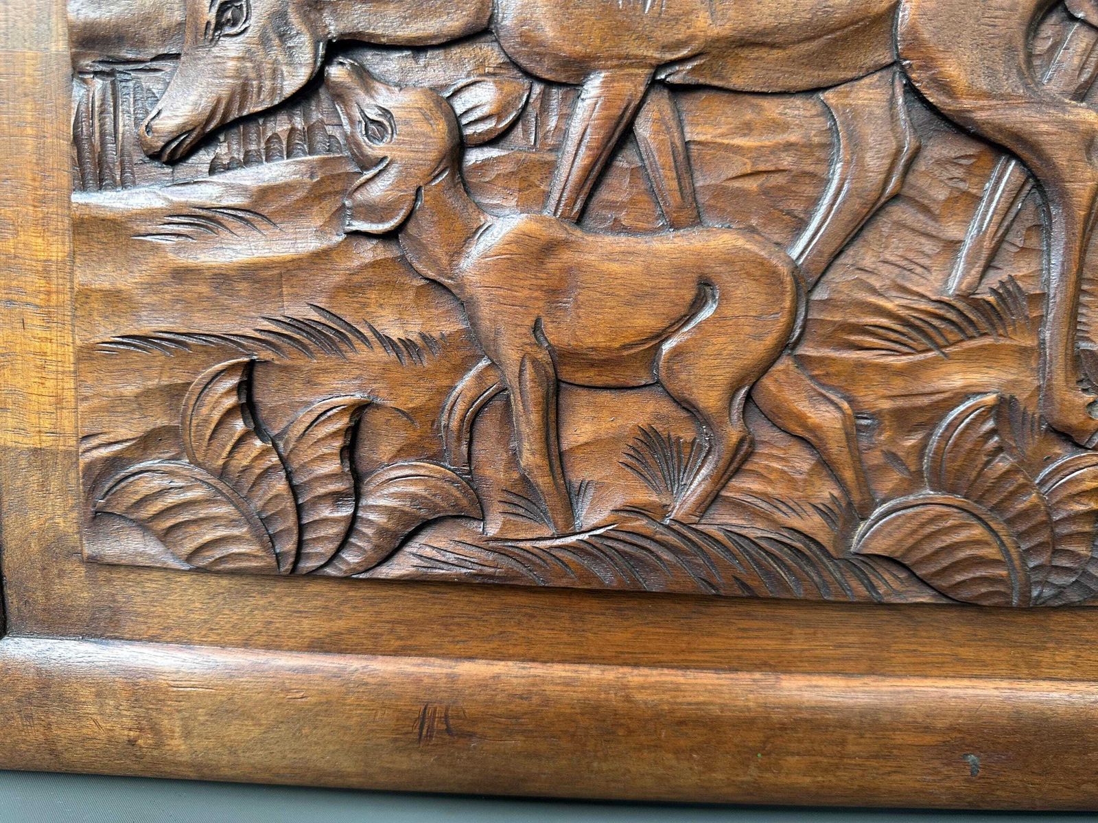 Large Art Deco Carved Walnut Panel   Woodland Scene Of Deer Family photo vinterior