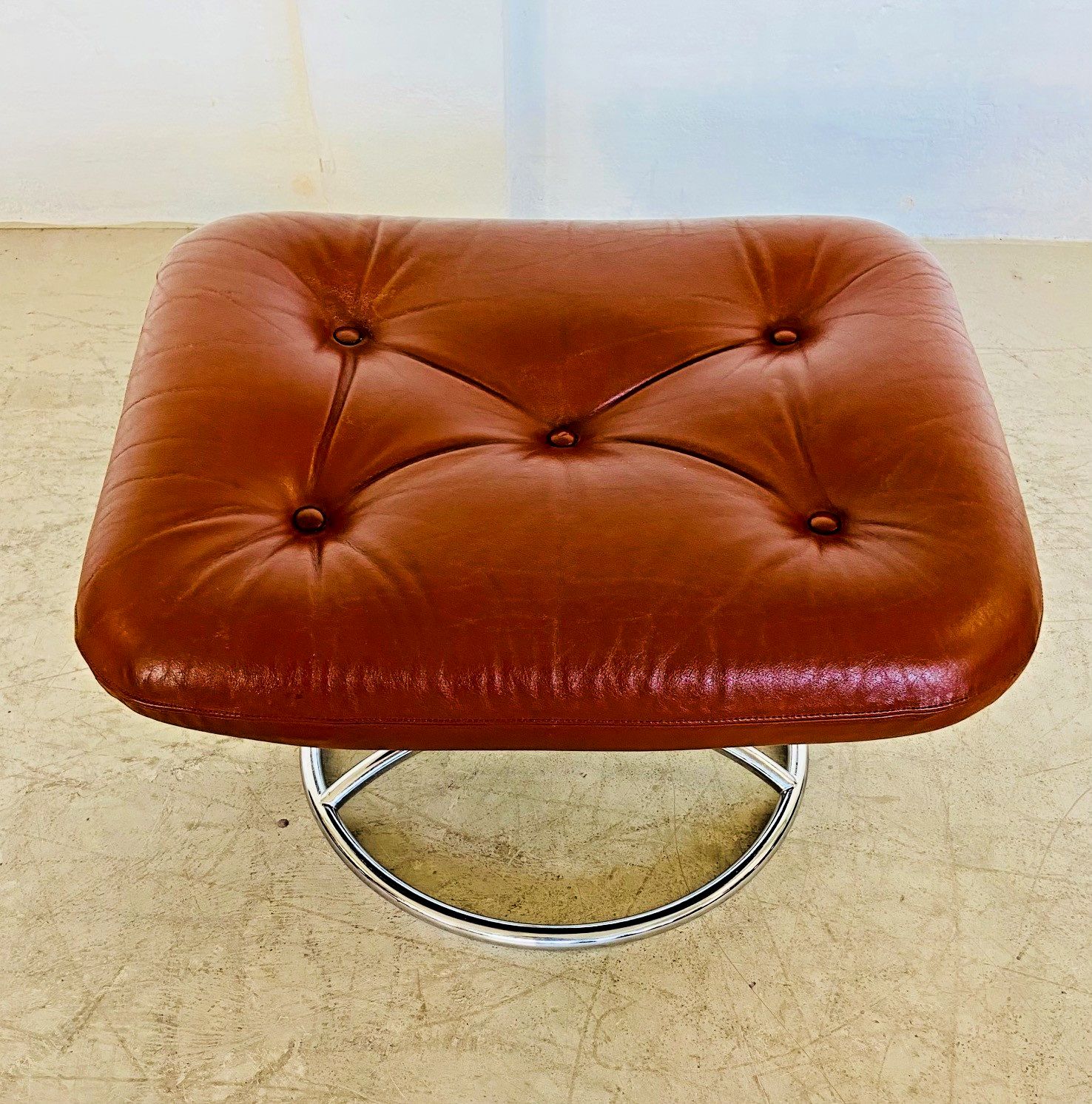 Vintage Scandinavian  Ekornes Leather Footstool  Ottoman  Cognac Leather.