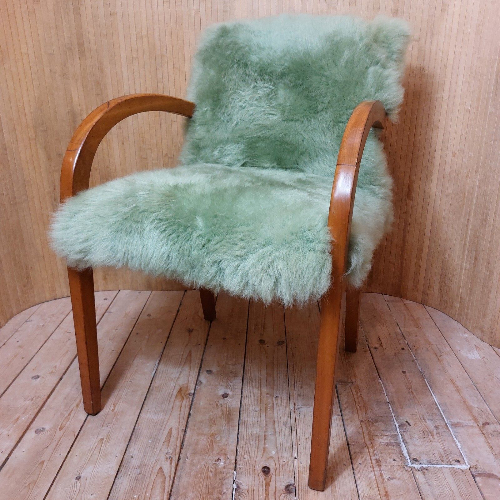 Fab Vintage Art Deco Style Beech Bentwood Bridge Chair Sage Green Sheepskin