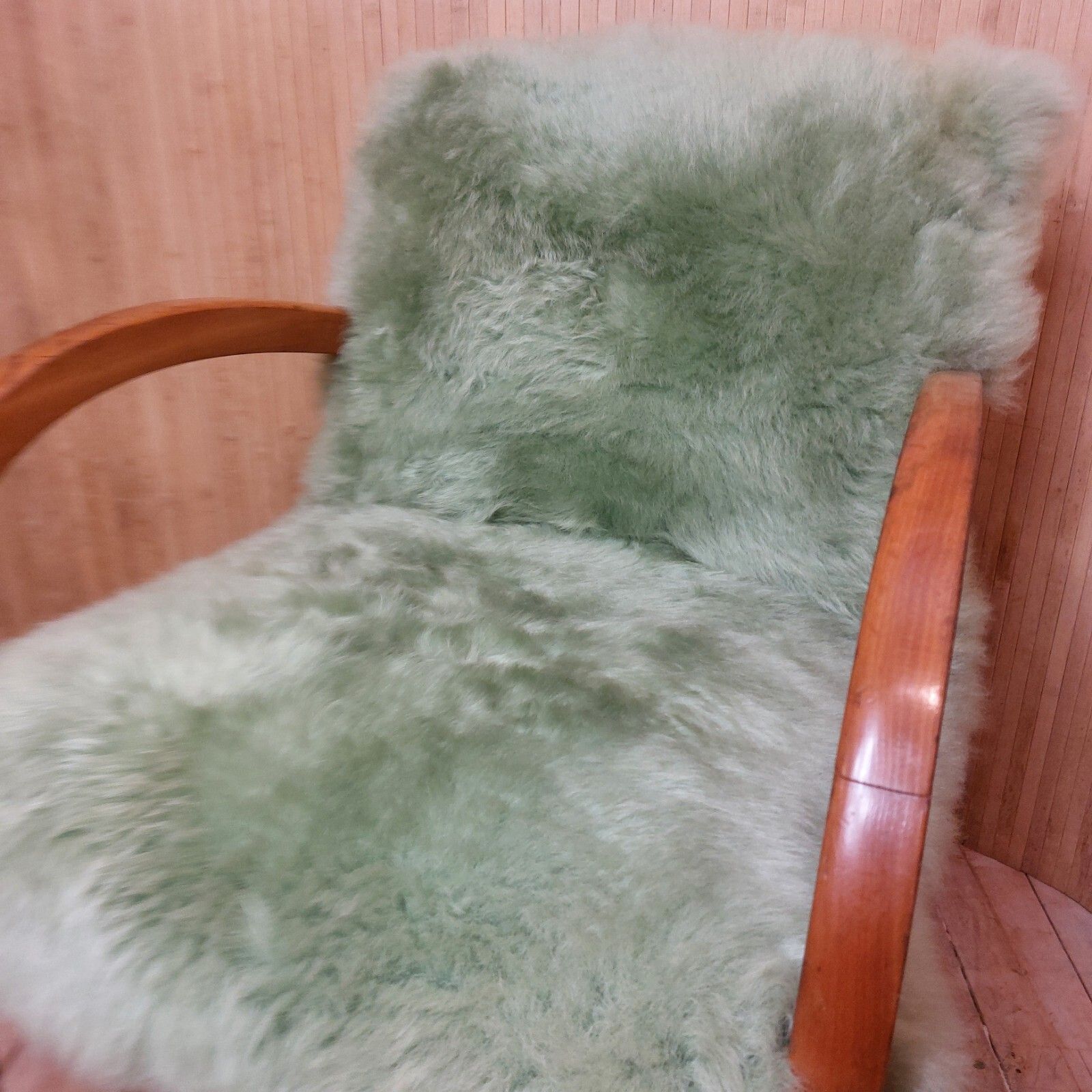 Fab Vintage Art Deco Style Beech Bentwood Bridge Chair Sage Green Sheepskin photo Furniture