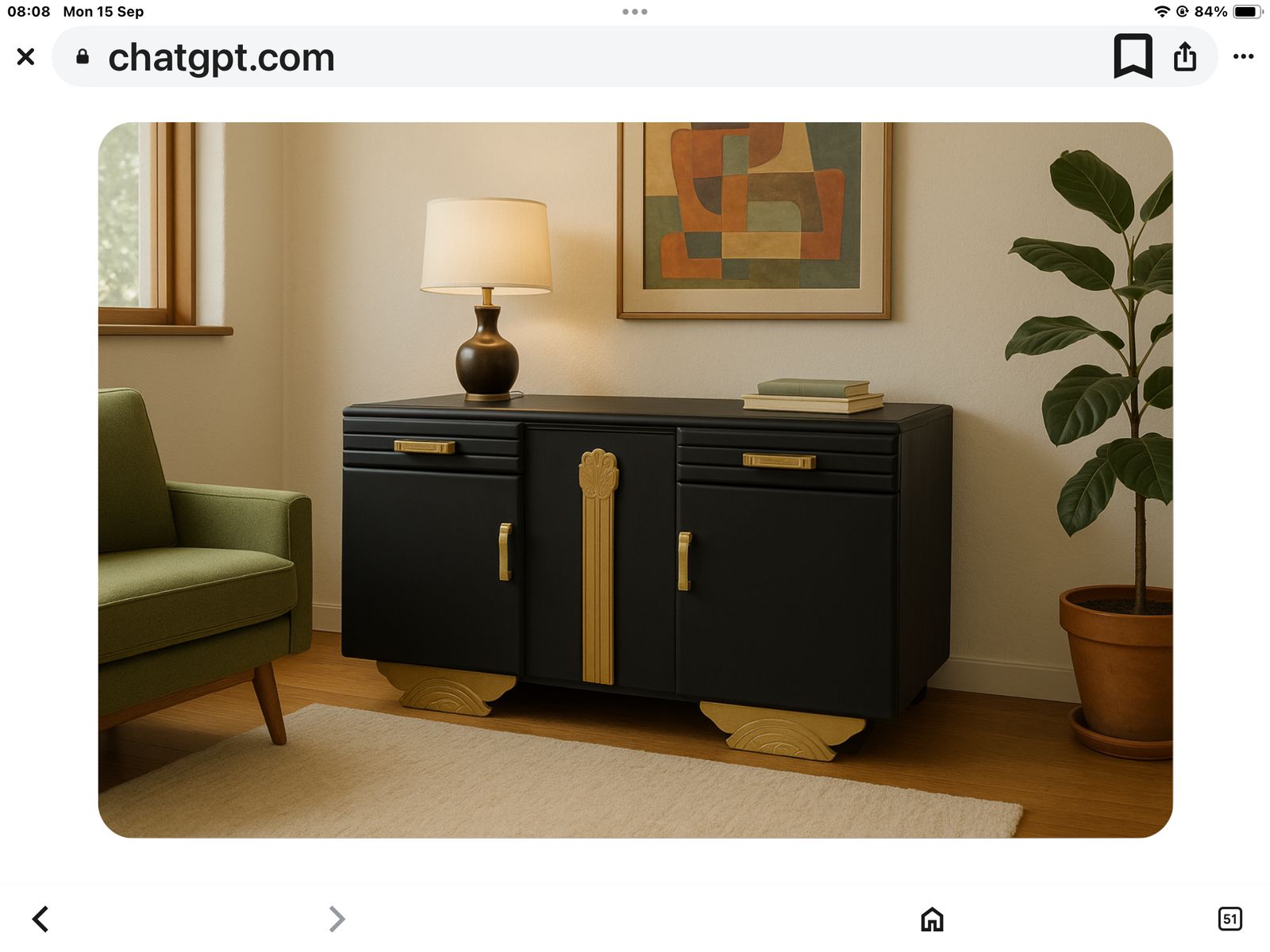 Art Deco Black And Gold Dresser With Gold  Detailing Interior Shelving And Bottle Storage