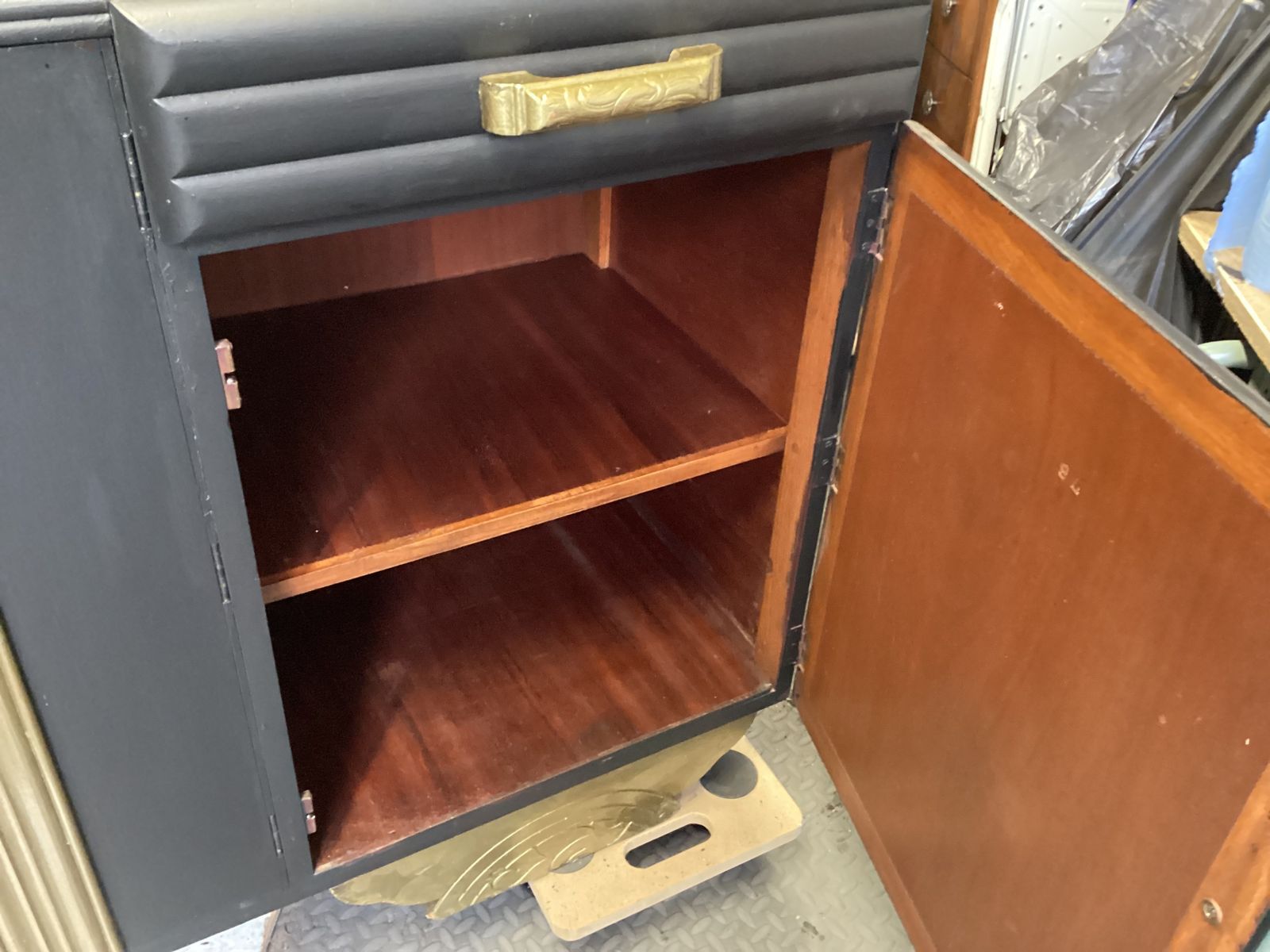 Art Deco Black And Gold Dresser With Gold  Detailing Interior Shelving And Bottle Storage photo for sale