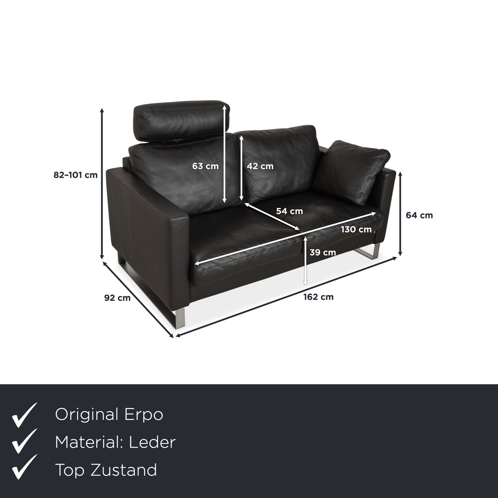 Canapé 2 places Erpo CL 500 en cuir noir, avec appuie-tête à réglage manuel photo furniture