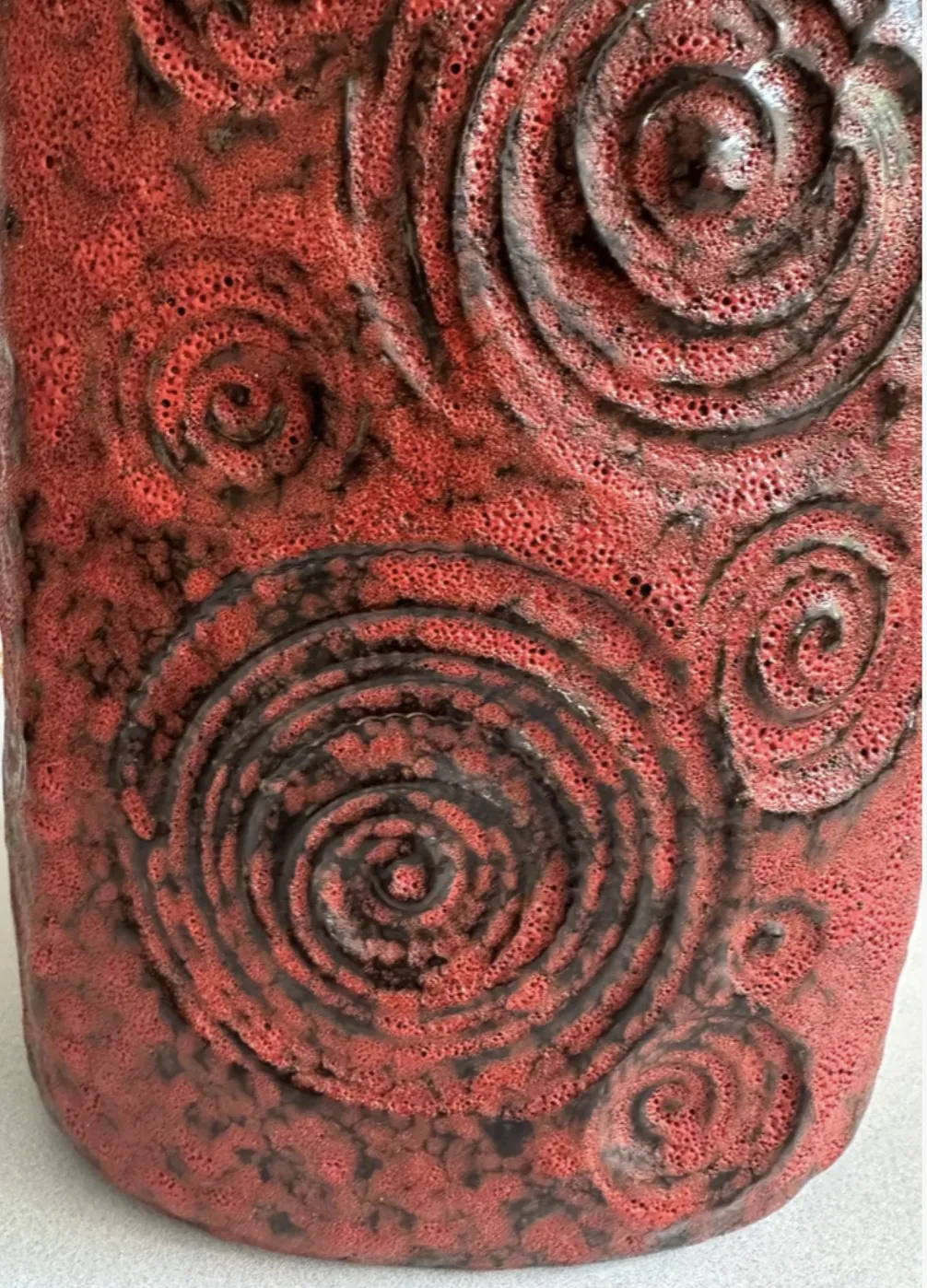 1970s German Fat Lava Scheurich Keramik Red & Black Handled "Jura" Pottery Vase photo vintage