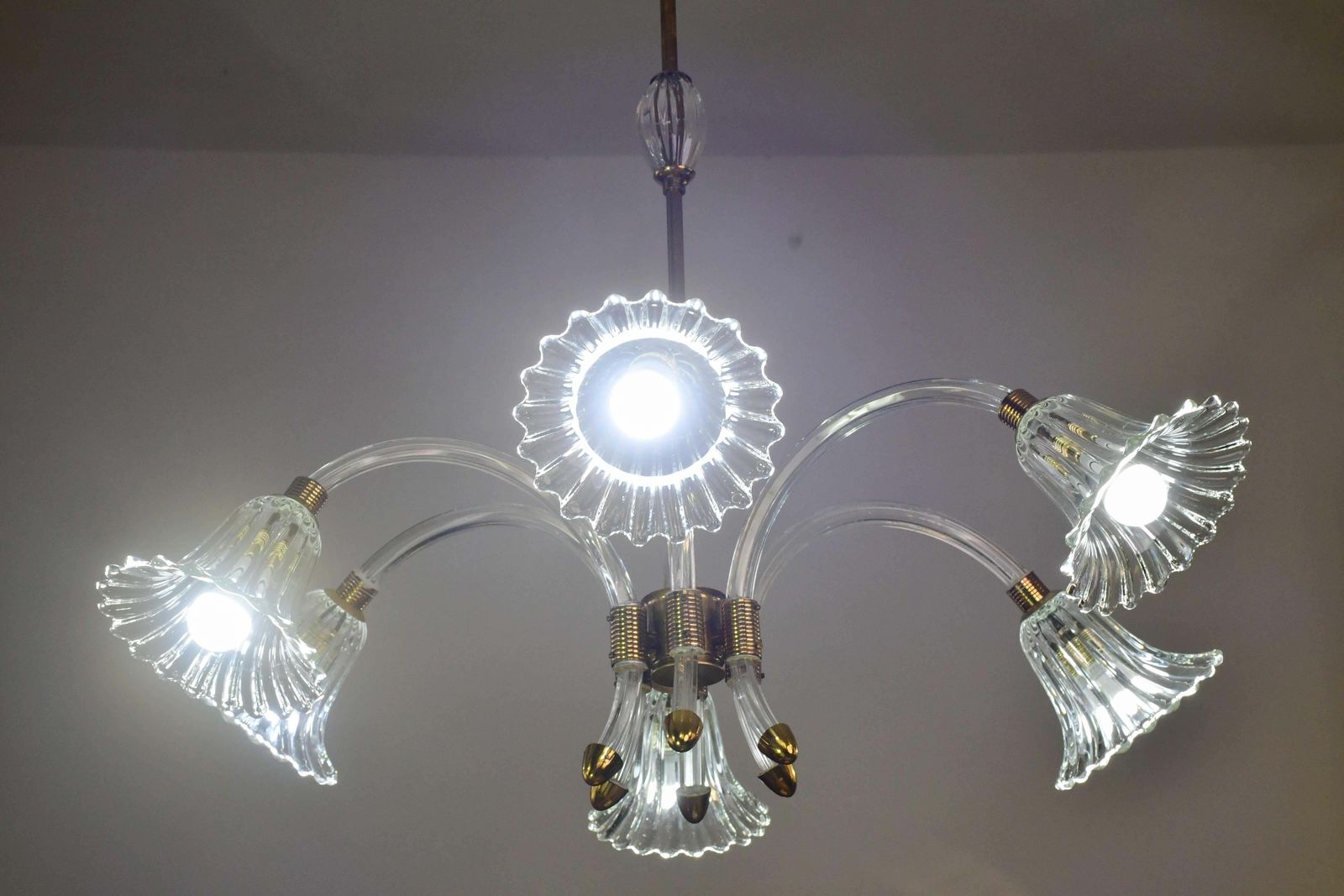 Amazing 6 Light Art Deco Murano Glass And Brass Chrome Chandelier By Barovier photo vinterior