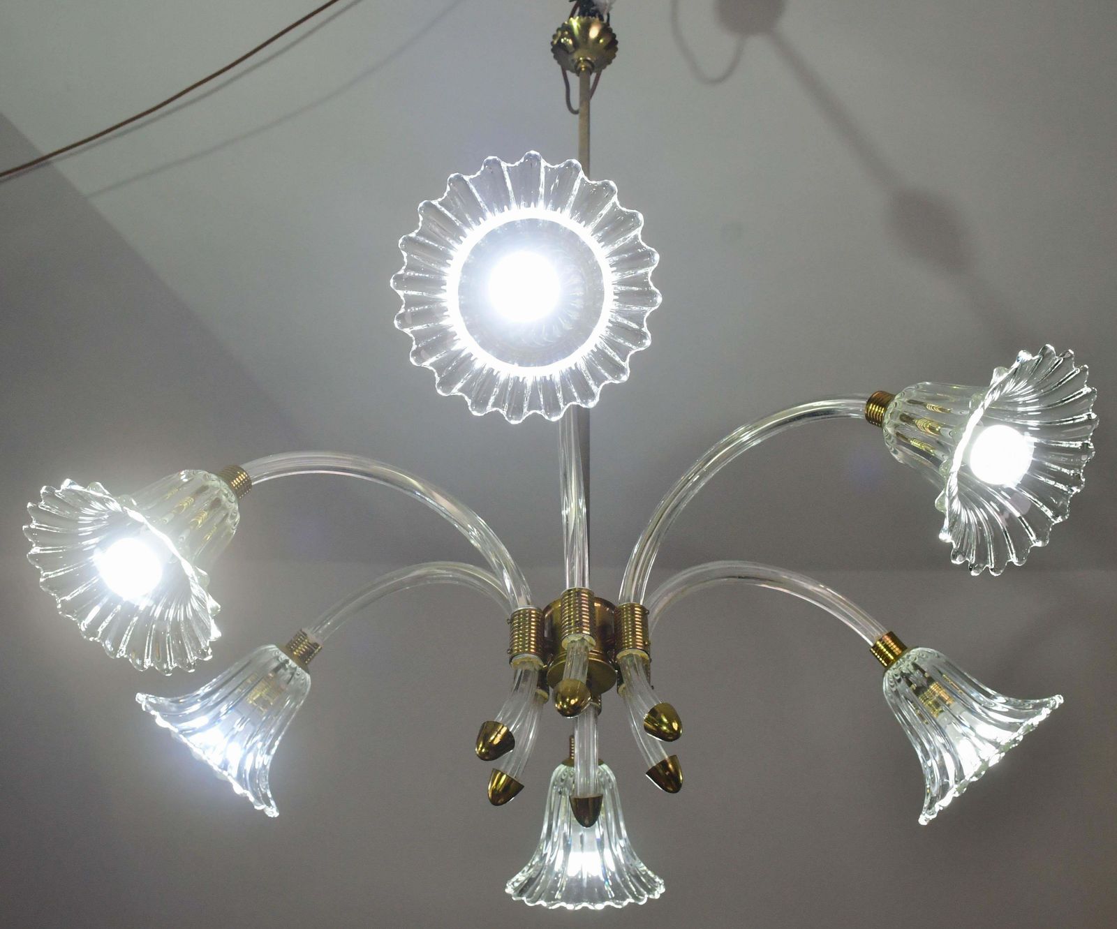 Amazing 6 Light Art Deco Murano Glass And Brass Chrome Chandelier By Barovier photo buy