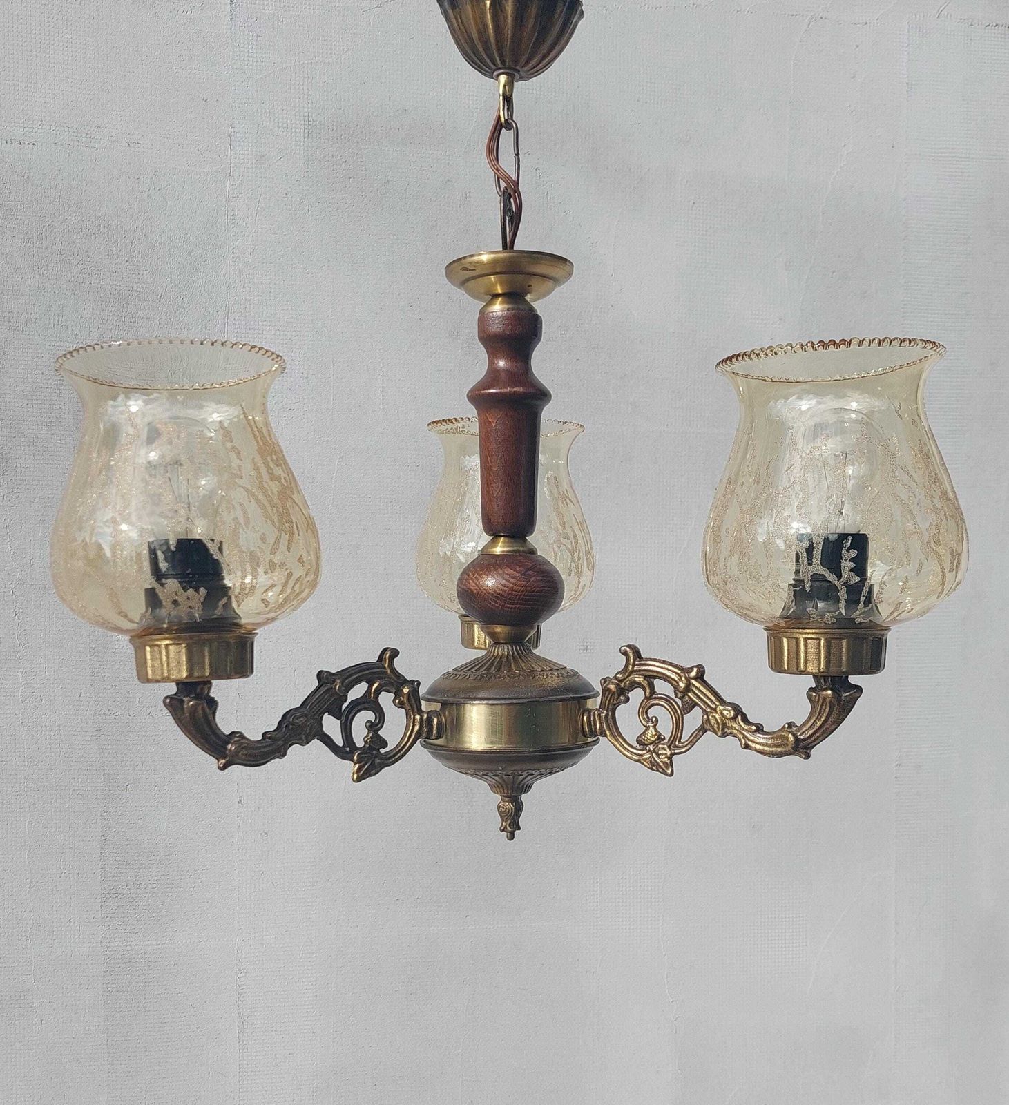 Antique Brass And Wood Chandelier, Vintage 3 Light Ceiling Fixture With Amber Glass Shades, Retro Mid Century Lighting, 60's photo for sale