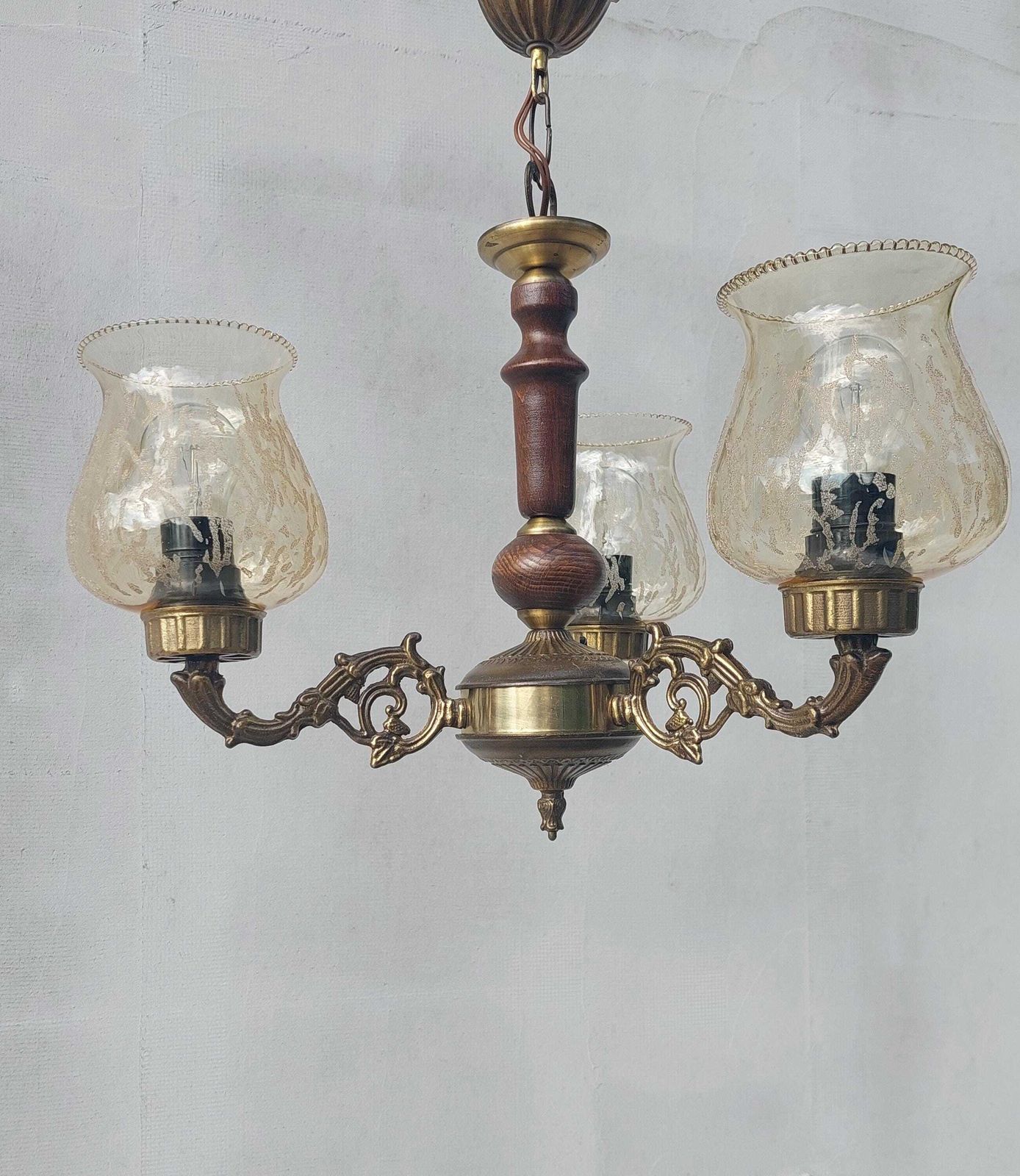 Antique Brass And Wood Chandelier, Vintage 3 Light Ceiling Fixture With Amber Glass Shades, Retro Mid Century Lighting, 60's photo vintage