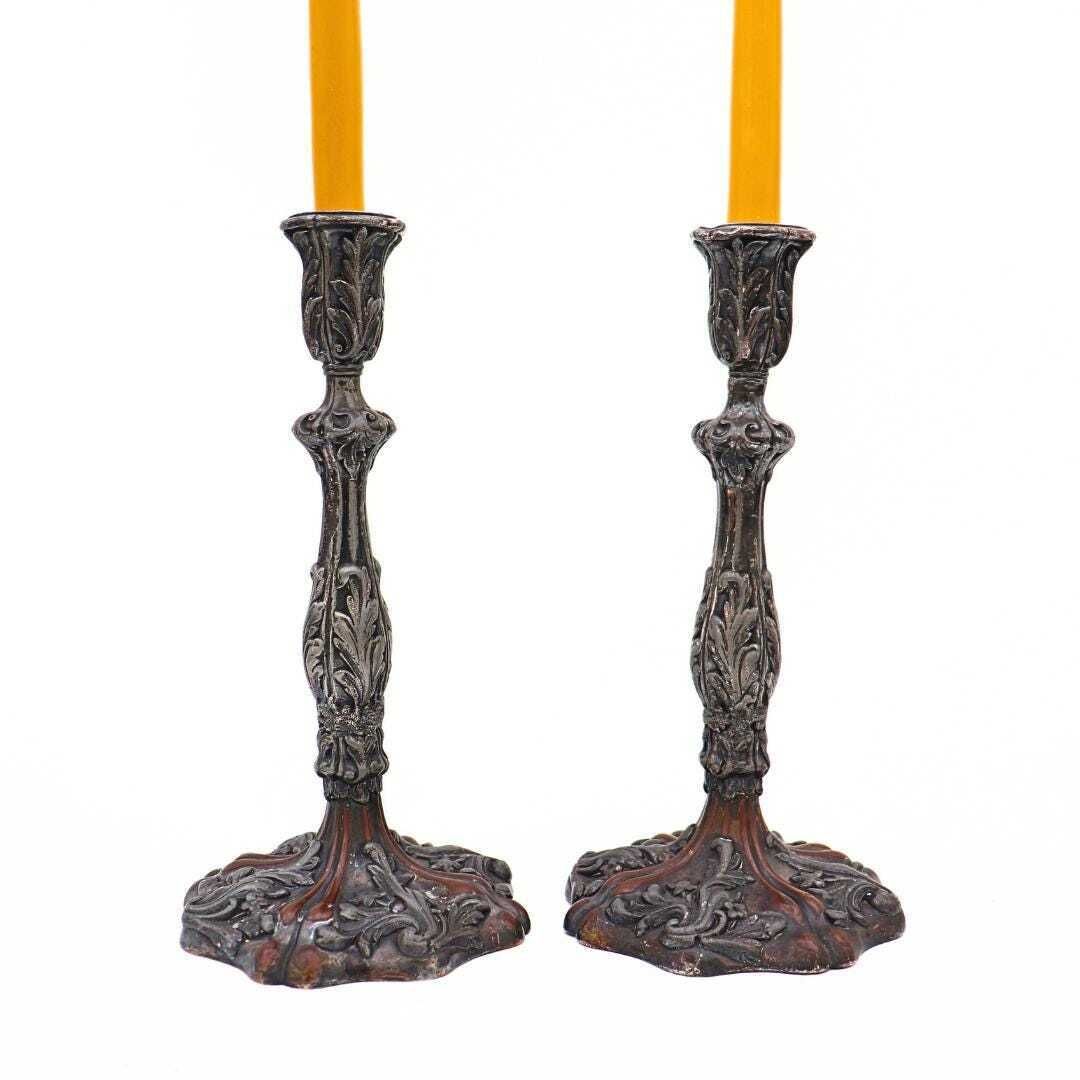 Antique Georgian Period Rococo Revival Copper And Silver Plated Candlesticks Holders Pair 8.2'' Tall photo buy
