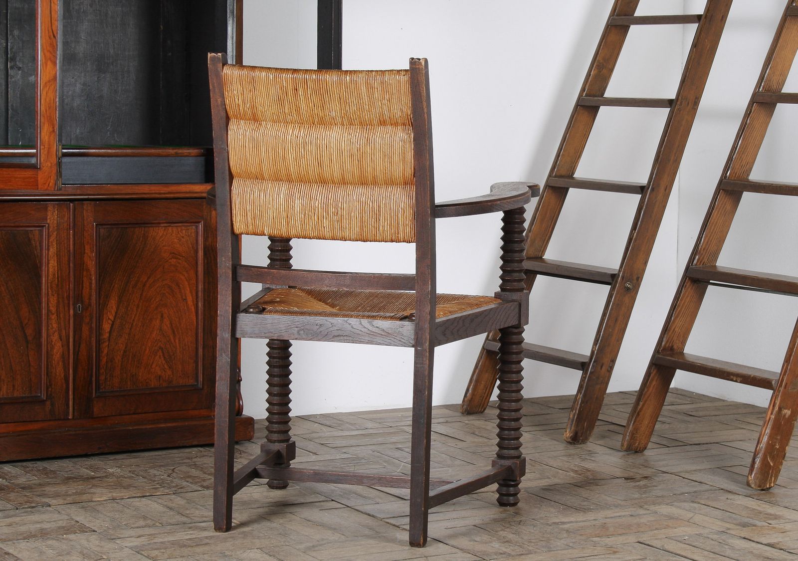 Oak Corkscrew 1950s Armchair With Straw Seat Attributed To Charles Dudouyt photo vintage