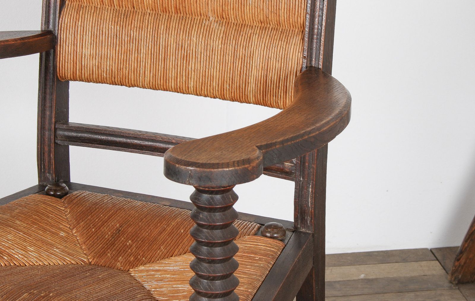 photo for sale Oak Corkscrew 1950s Armchair With Straw Seat Attributed To Charles Dudouyt
