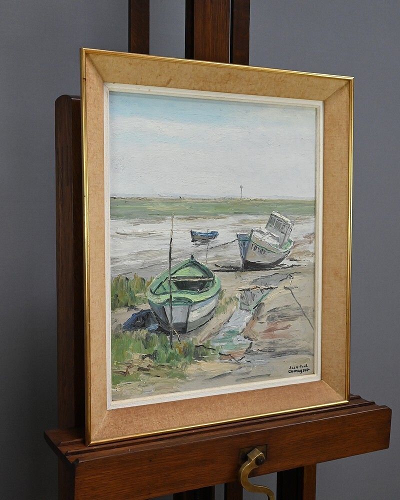 Painting “Boats At Low Tide” By Jp Guinegault – Part 2 Of The 20th Century photo for sale