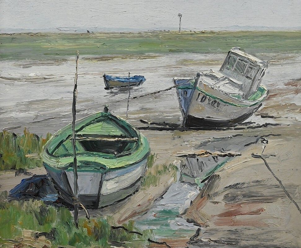 Painting “Boats At Low Tide” By Jp Guinegault – Part 2 Of The 20th Century photo vinterior