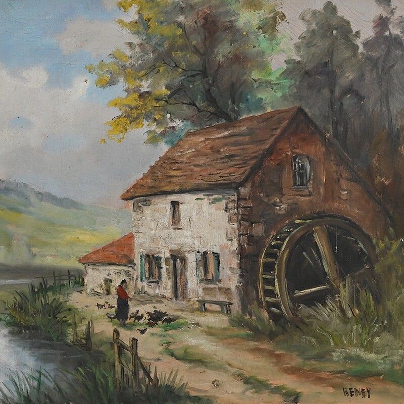 Large Painting “The Mill” By Reney – Part 1 Of The 20th Century photo furniture