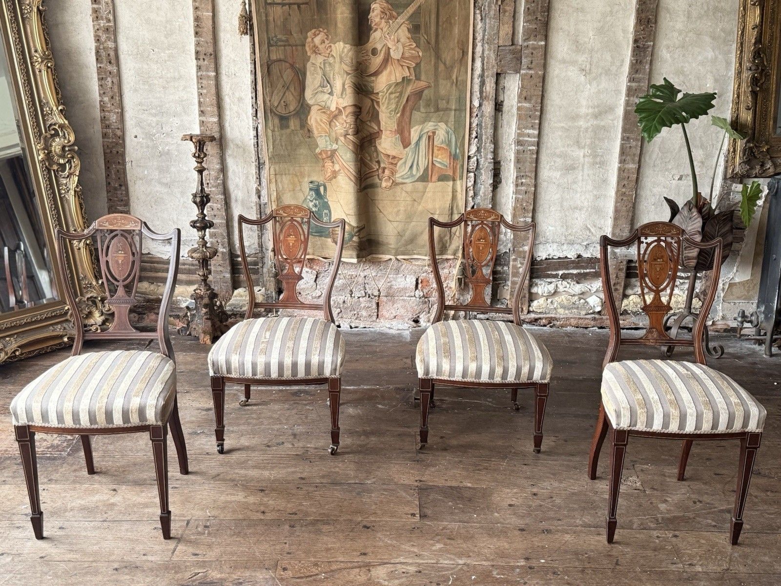 Set Of 4 Antique Edwardian Rosewood Mahogany Sand Velvet Inlaid Marquetry Chairs