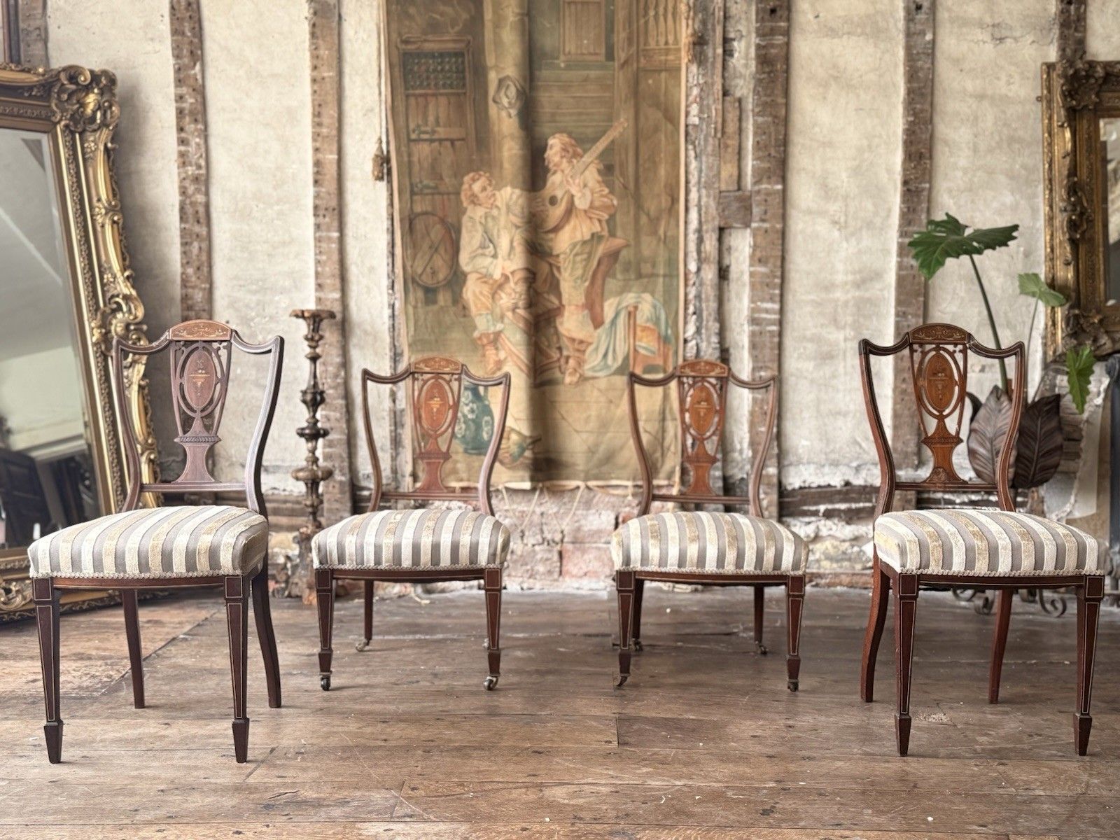 Set Of 4 Antique Edwardian Rosewood Mahogany Sand Velvet Inlaid Marquetry Chairs photo for sale