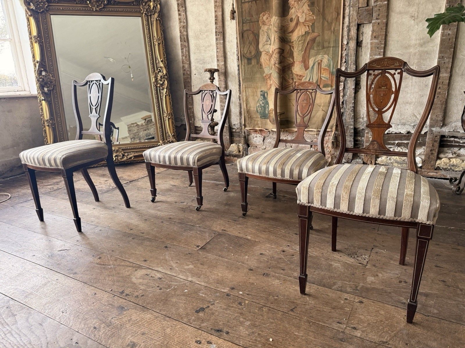 Set Of 4 Antique Edwardian Rosewood Mahogany Sand Velvet Inlaid Marquetry Chairs photo 349.0