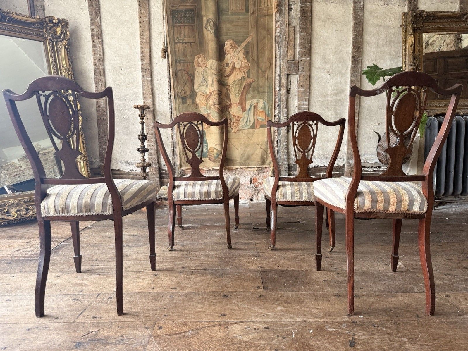Furniture Set Of 4 Antique Edwardian Rosewood Mahogany Sand Velvet Inlaid Marquetry Chairs photo