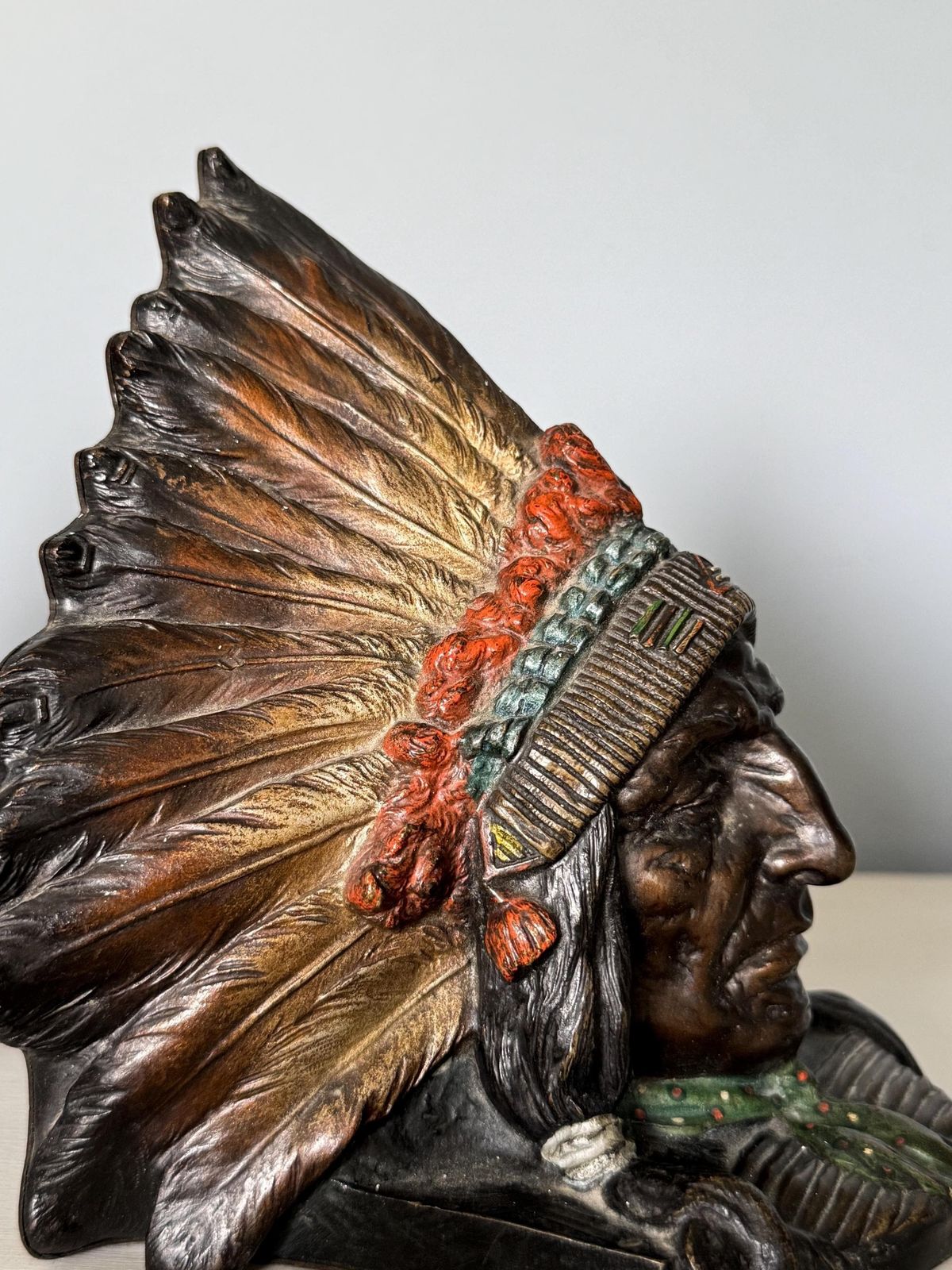 Pair Of Native American Chieftain Cold Painted Bronze Bookends Made In Austria 1920s photo vintage