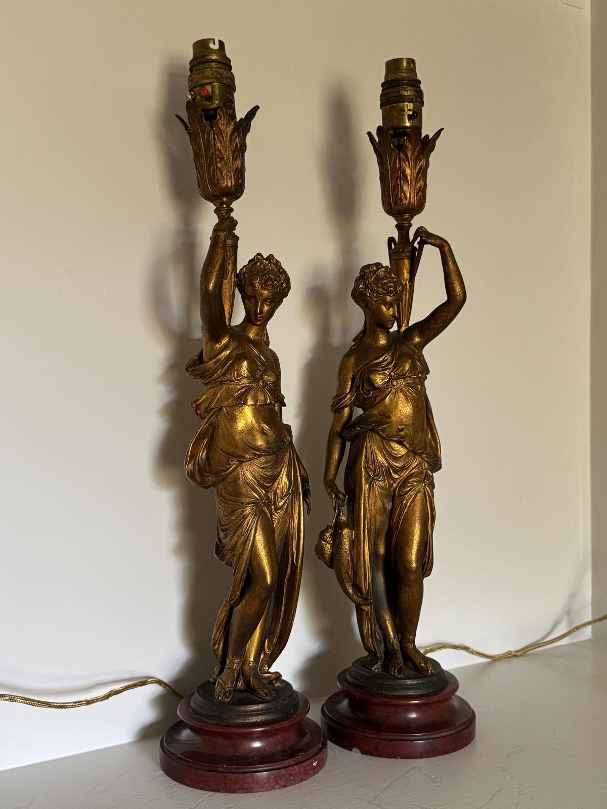 An Antique Pair Of French Glit Metal Table Lamps Depicting Classical Maidens On Antico Rosso Plinth Bases:French Design 1890s. photo for sale