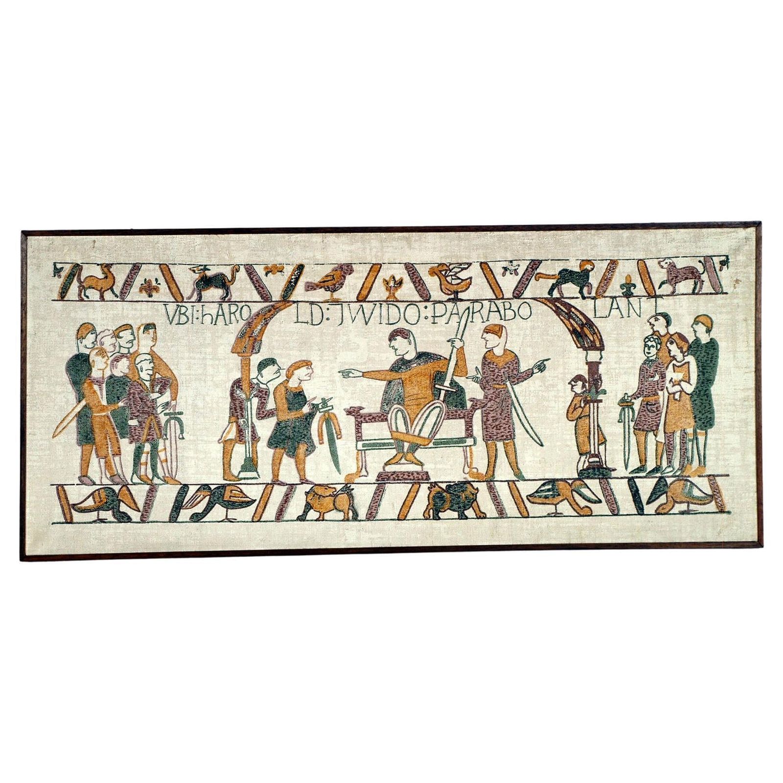 Large Bayeux Tapestry Inspired Painted Panel On Jute Canvas, 20th Century