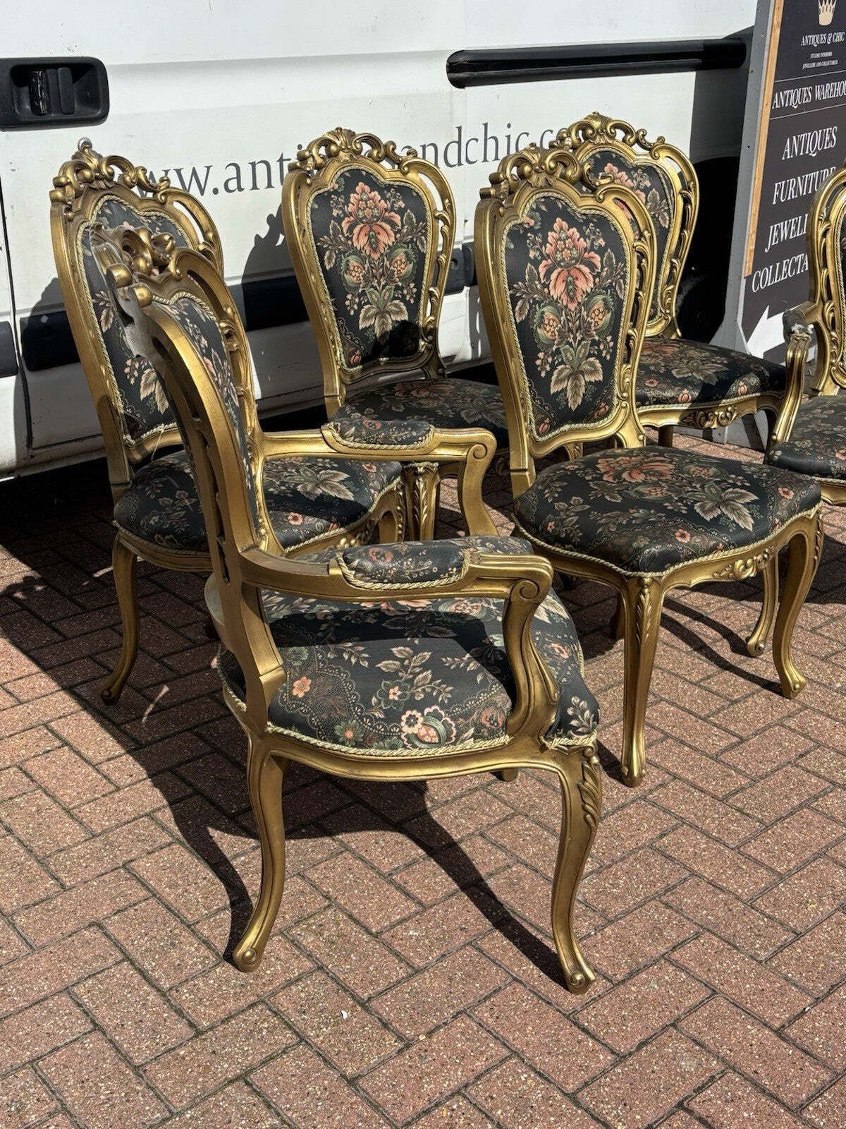 6 French Louis Style Gold Gilt Wooden And Upholstered Armchairs. photo Furniture
