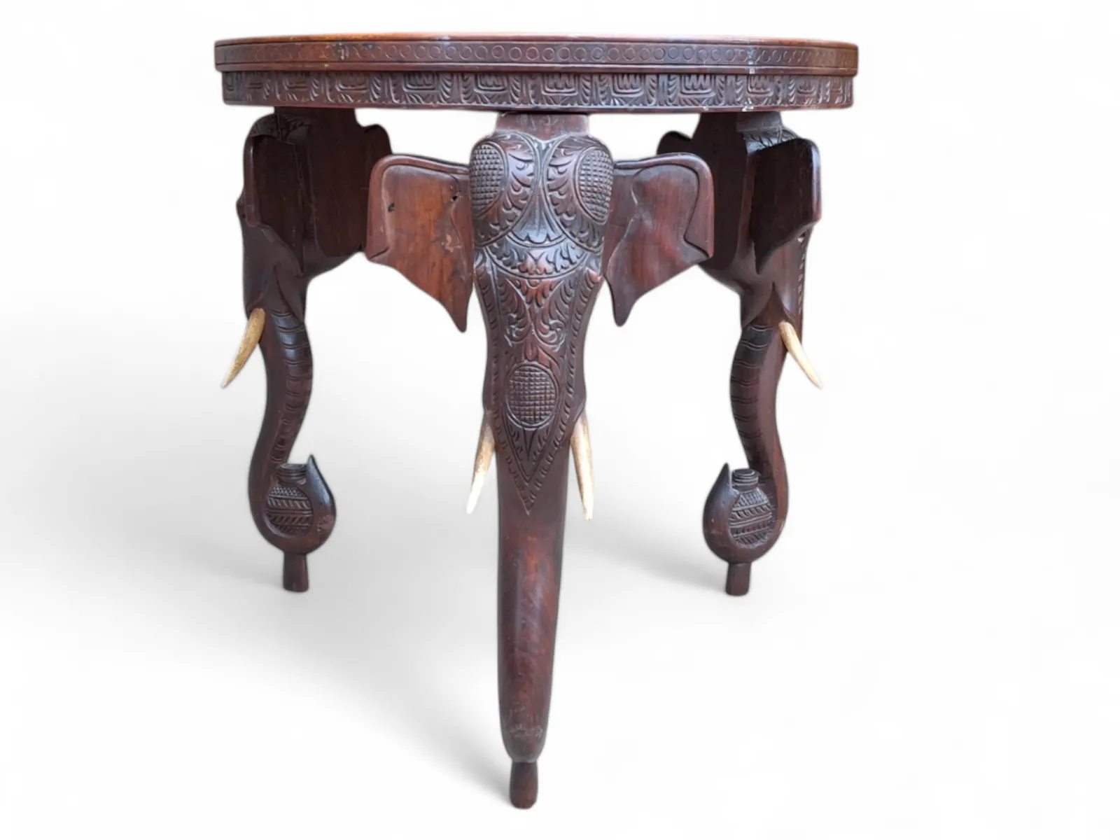 188.0 Early 20th Century Bermese Carved Hardwood Elephant Occasional / Side Table photo
