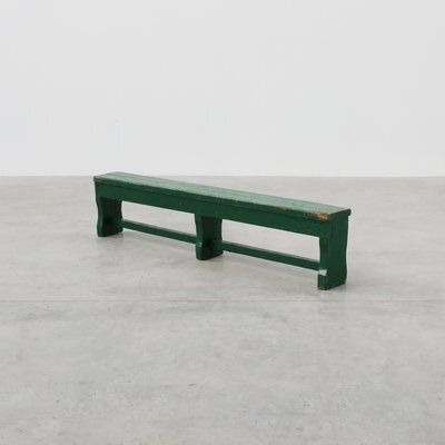 Rustic Primitive Green Farmhouse Bench In Oak, France, 1900s