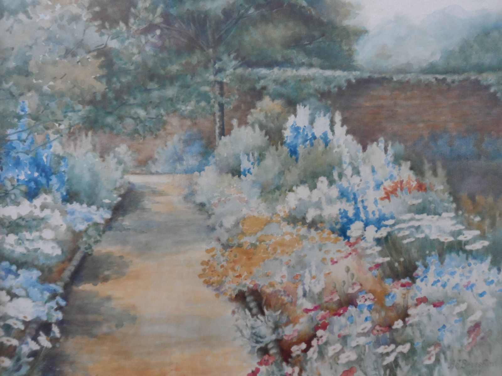 Original Watercolour By A E Beresford 1917   A Walled Garden photo furniture