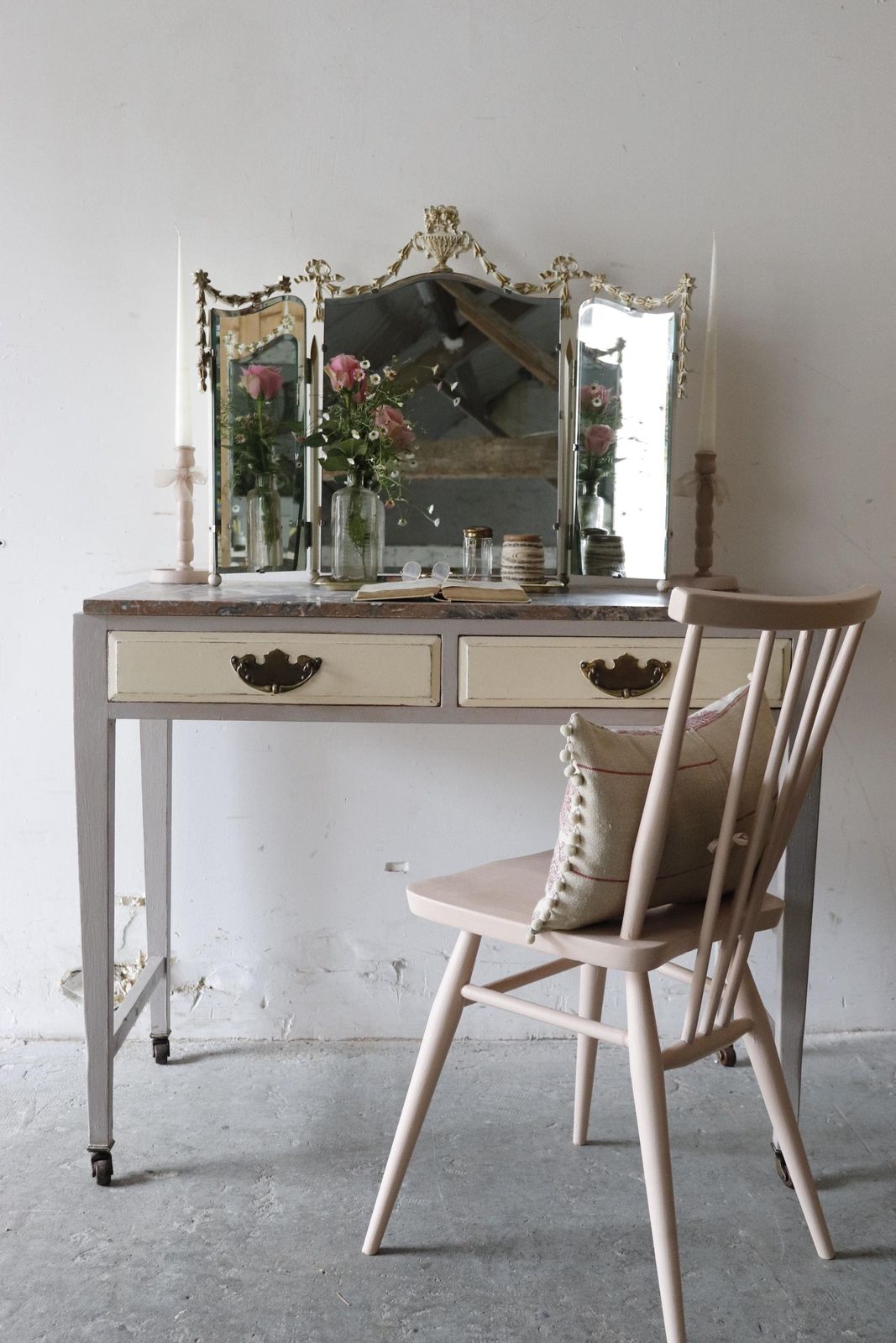 Elegant Painted Vintage Washstand Or Dressing Table On Castors With Pink And Grey Marble Top