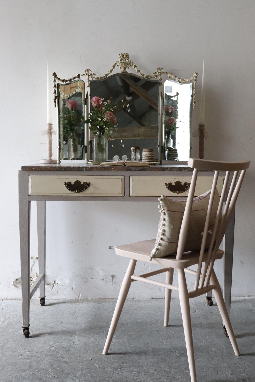 Elegant Painted Vintage Washstand Or Dressing Table On Castors With Pink And Grey Marble Top photo furniture