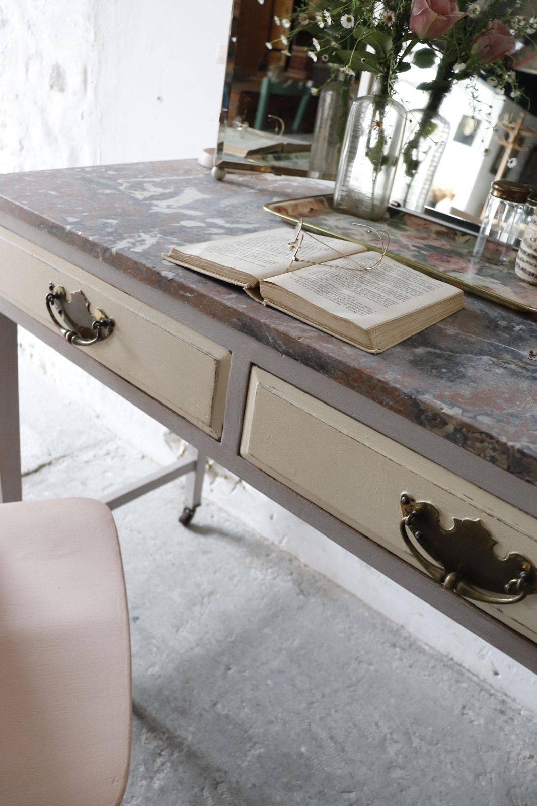 Elegant Painted Vintage Washstand Or Dressing Table On Castors With Pink And Grey Marble Top photo vinterior