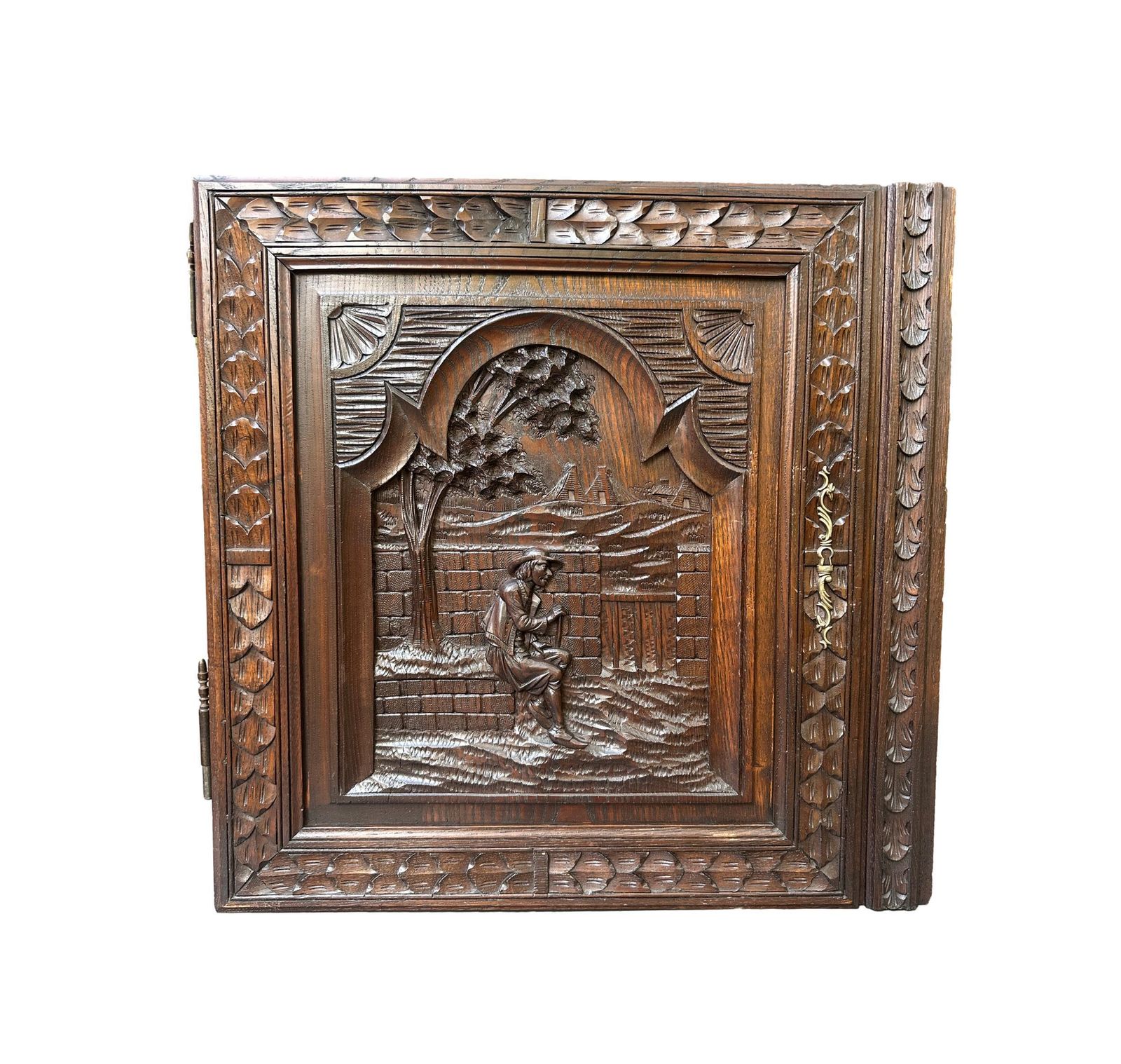 French Large Breton Carved Oak Door, Man With Cane, Late 19thc / Early 20thc, Lower Cabinet Antique Panel photo furniture