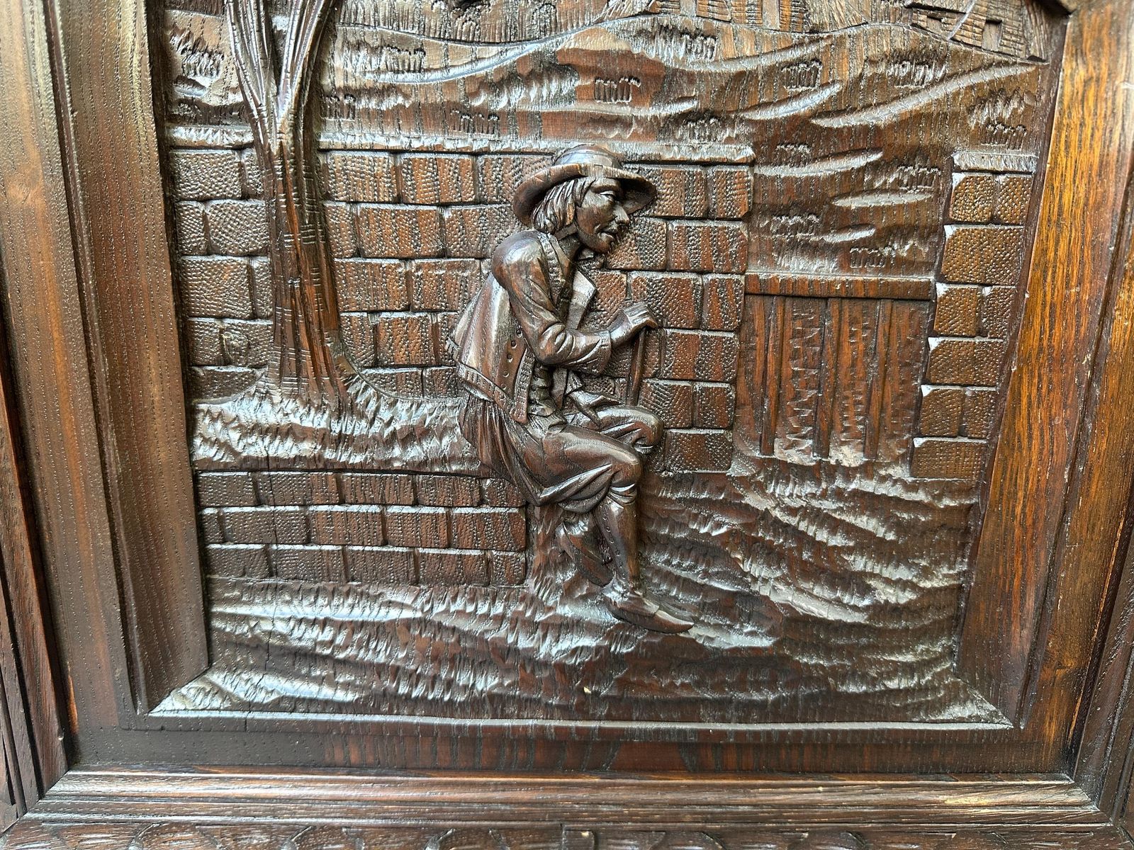 photo furniture French Large Breton Carved Oak Door, Man With Cane, Late 19thc / Early 20thc, Lower Cabinet Antique Panel