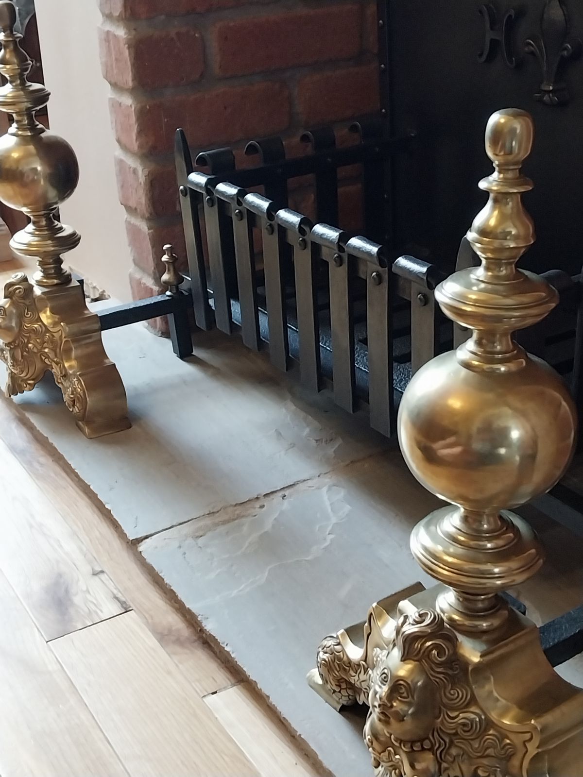 Victorian French Cast And Wrought Iron Fire Basket With Marmoset Baroque Fire Dogs. photo Home Fixtures