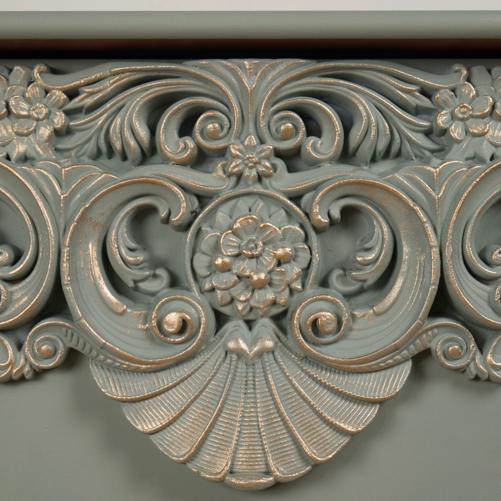 Upcycled Stag Minstrel Blanket Box – Green Grey With Large Carving & Pale Gold Accents photo for sale