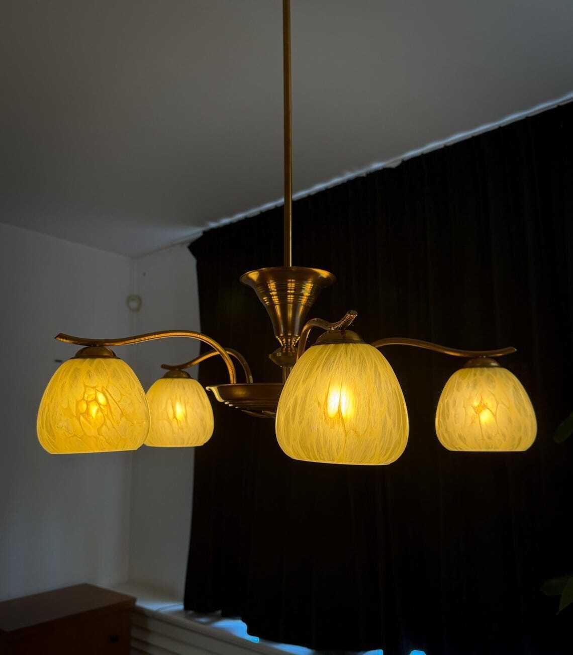Antiek Vintage Kroonluchter Art Deco Plafondlamp Messing Gemarmerd Glas Mid Century Regency photo Verlichting
