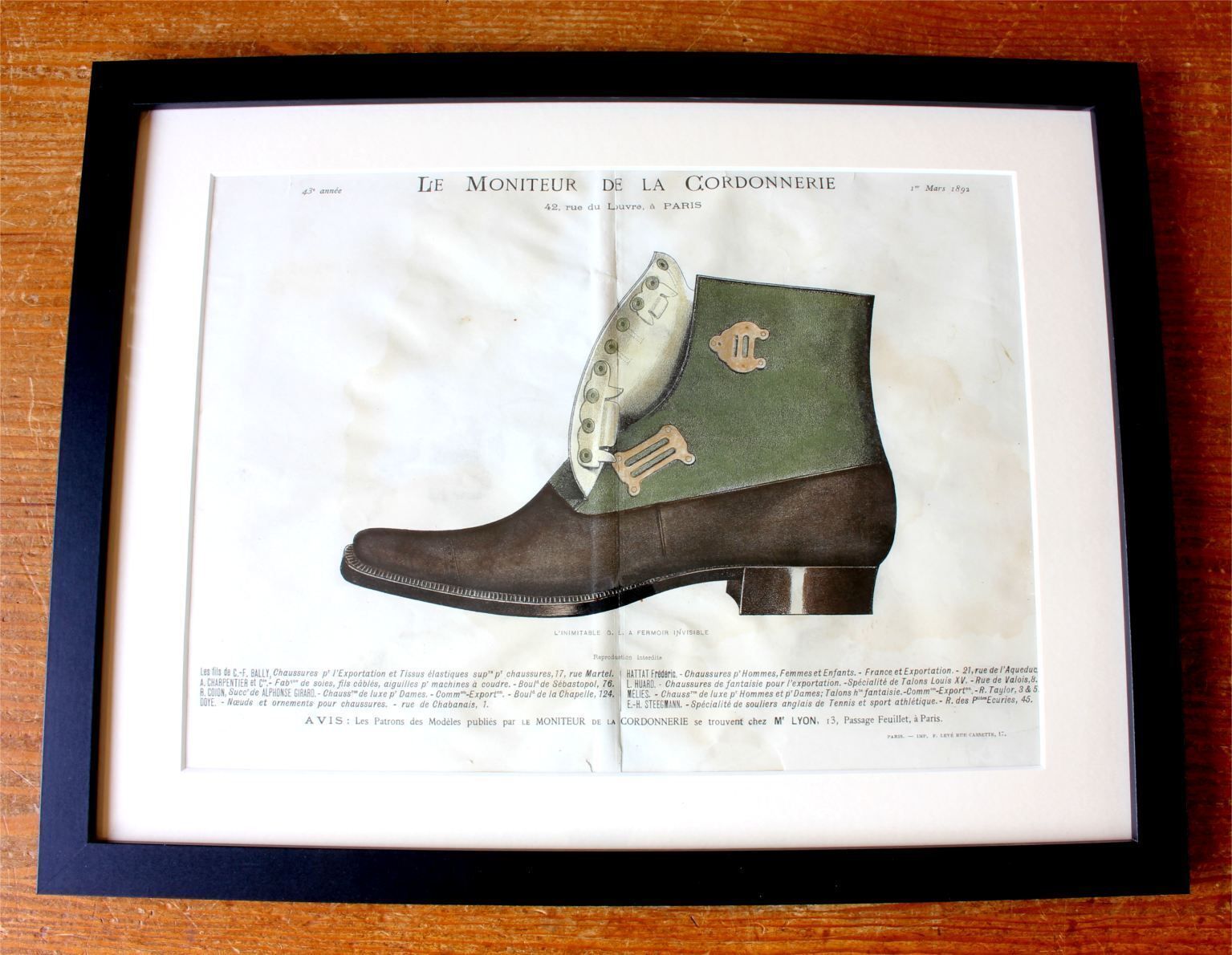 Antique French Footwear Lithographs. Paris France Shoe Shop Prints. photo furniture