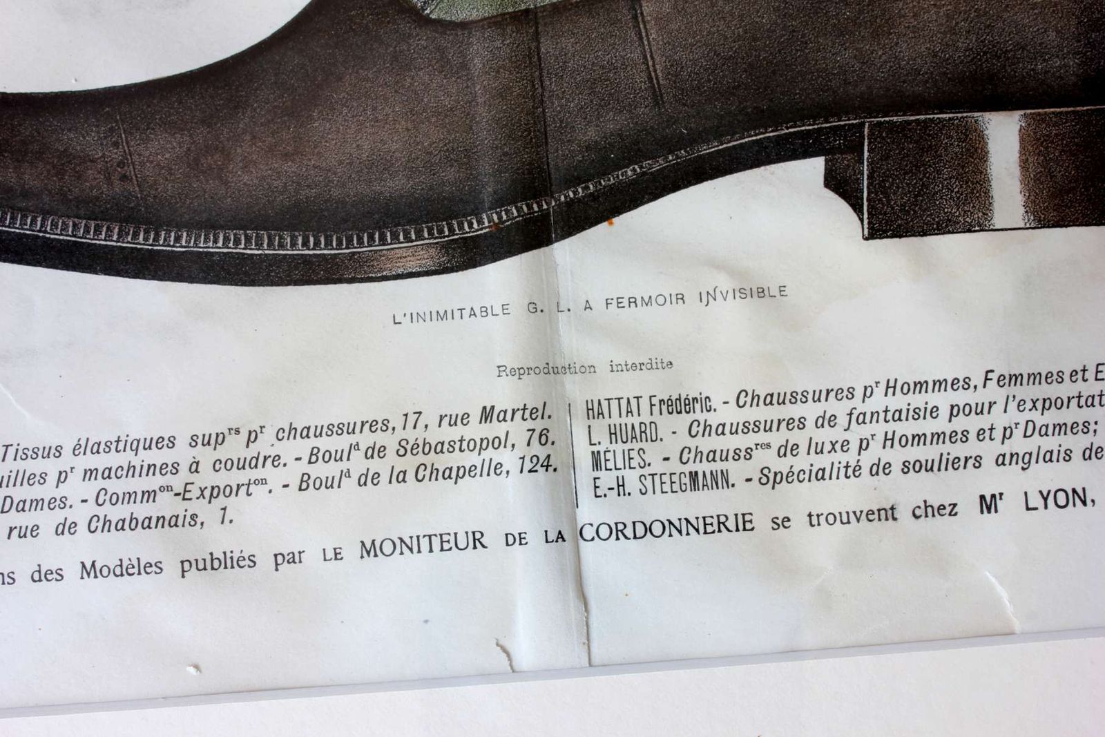 Antique French Footwear Lithographs. Paris France Shoe Shop Prints. photo vintage