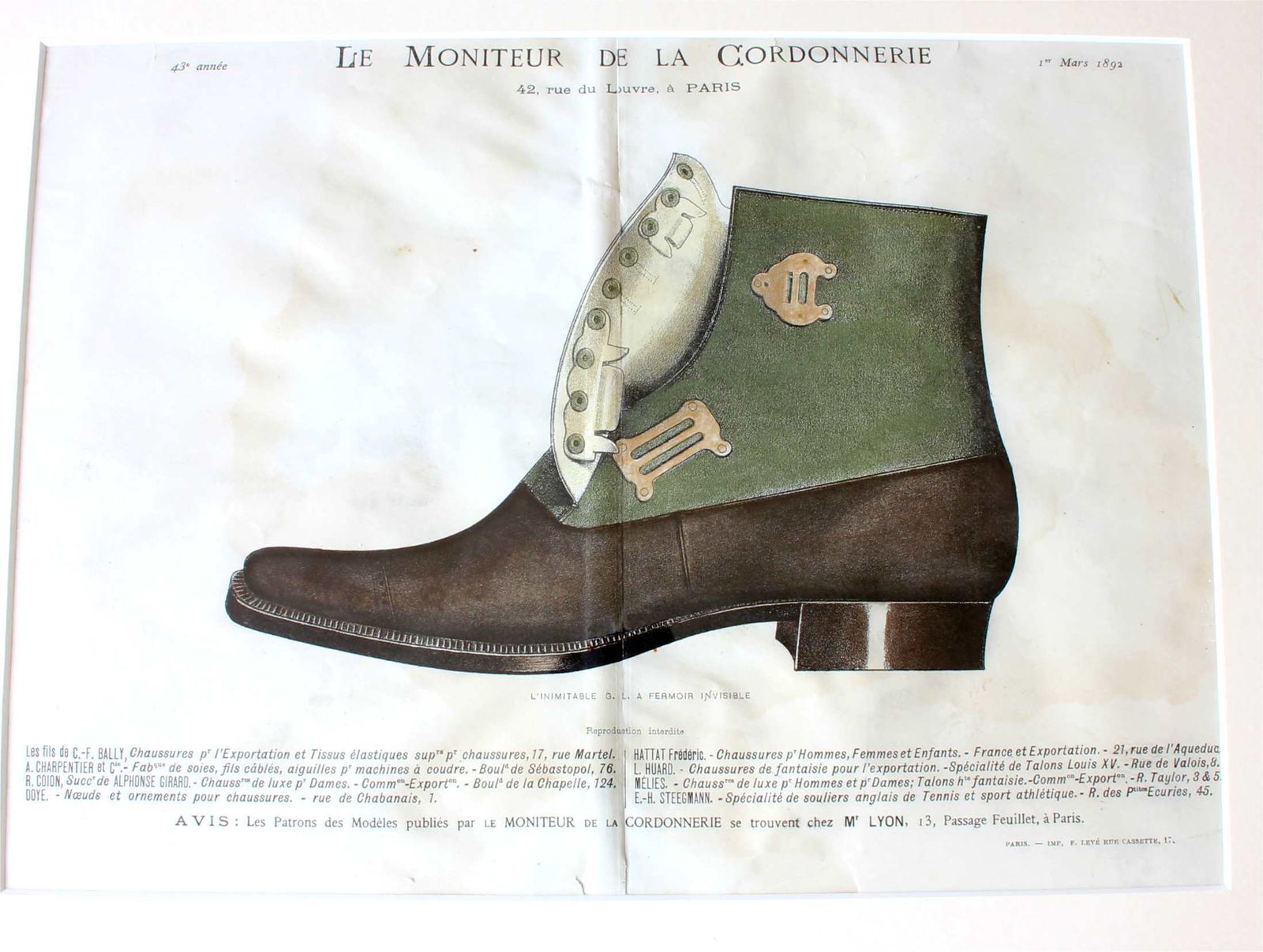 750.0 Antique French Footwear Lithographs. Paris France Shoe Shop Prints. photo