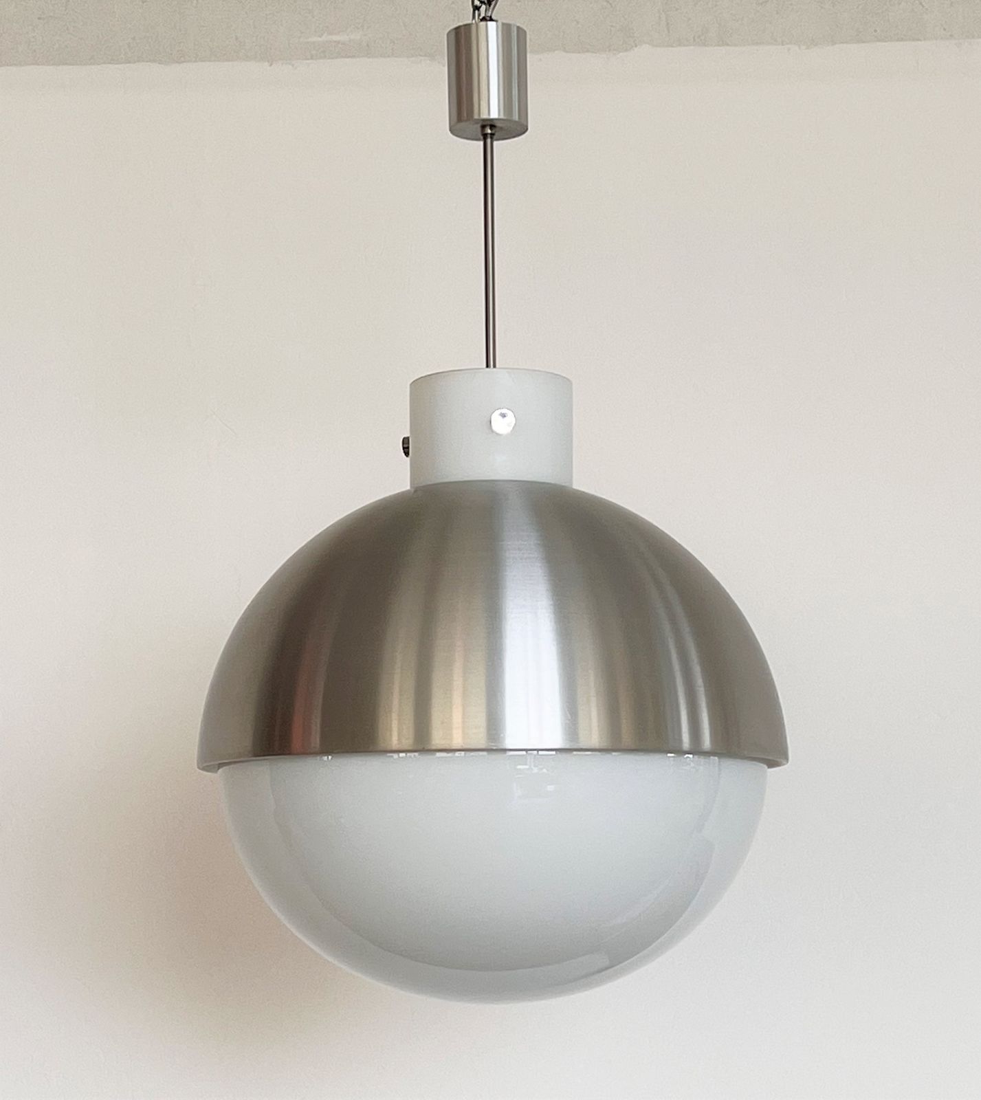 Pair Glashütte Limburg Giant Aluminium And White Glass Globe Chandelier, 1970s photo vinterior
