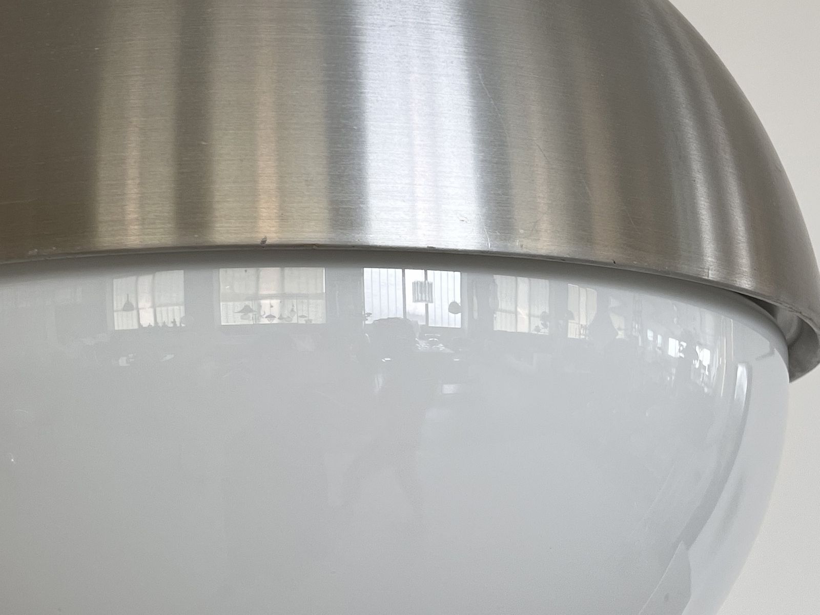 Pair Glashütte Limburg Giant Aluminium And White Glass Globe Chandelier, 1970s photo buy