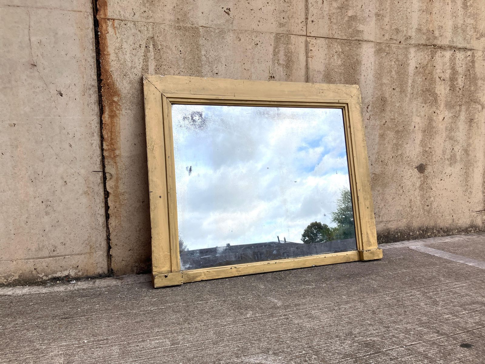 photo for sale Large Antique English Mantel Mirror In Light Yellow Art Deco