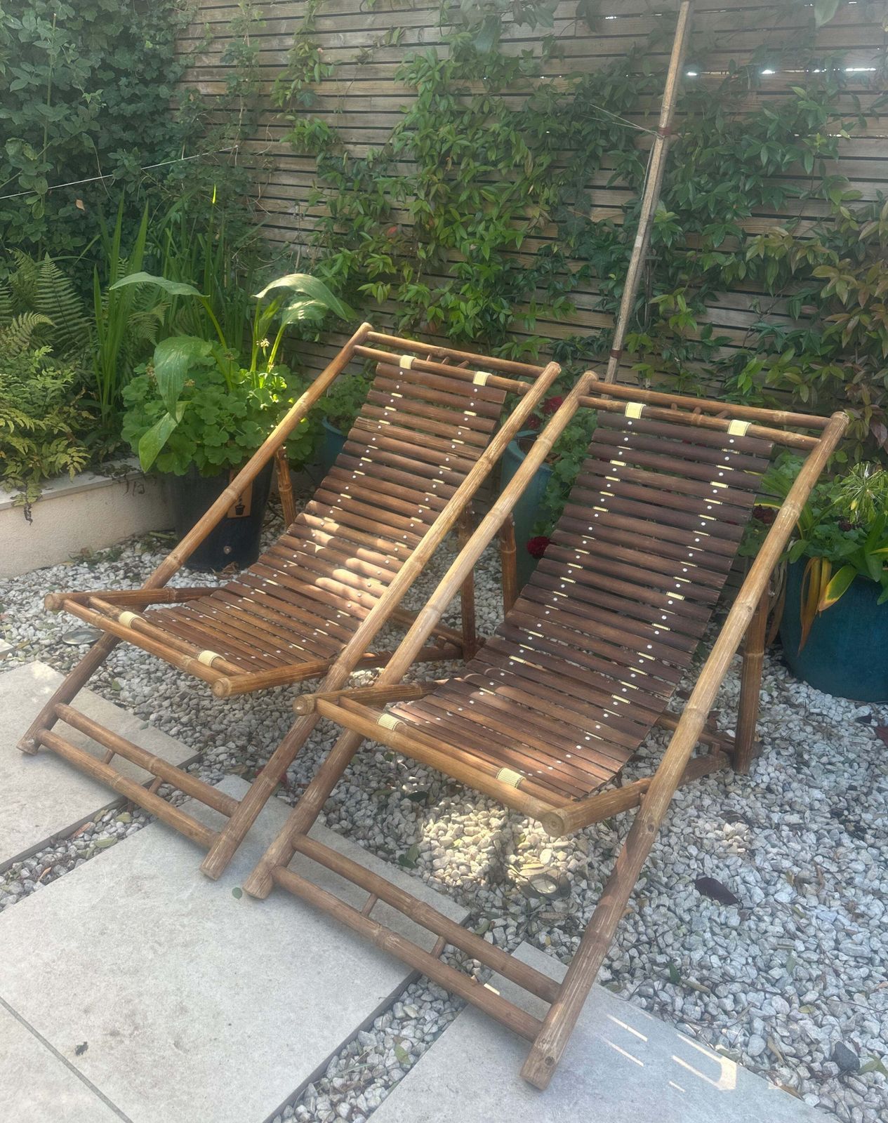 Pair Of 1980s Rustic Italian Bamboo Slatted Deck Chairs Or Sun Loungers photo Garden Furniture
