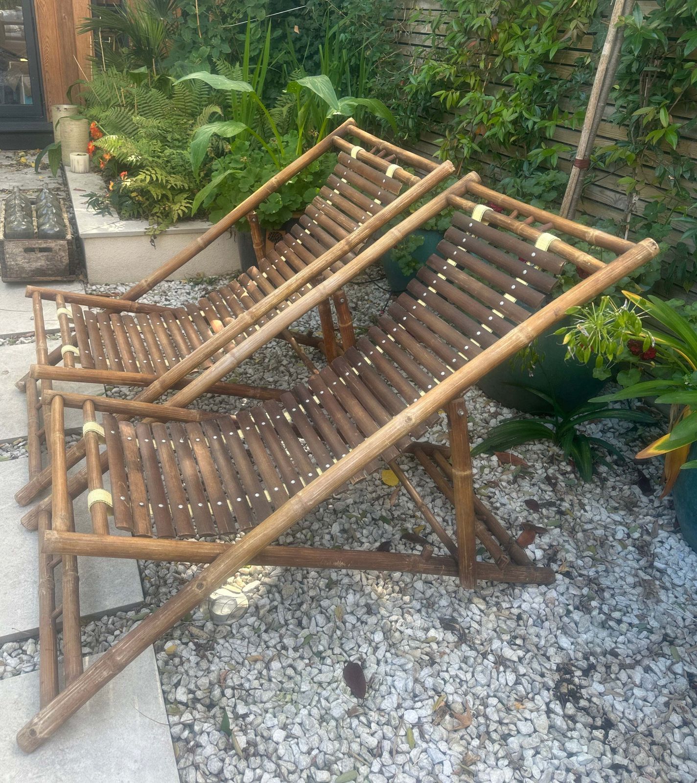 Pair Of 1980s Rustic Italian Bamboo Slatted Deck Chairs Or Sun Loungers photo 650.0