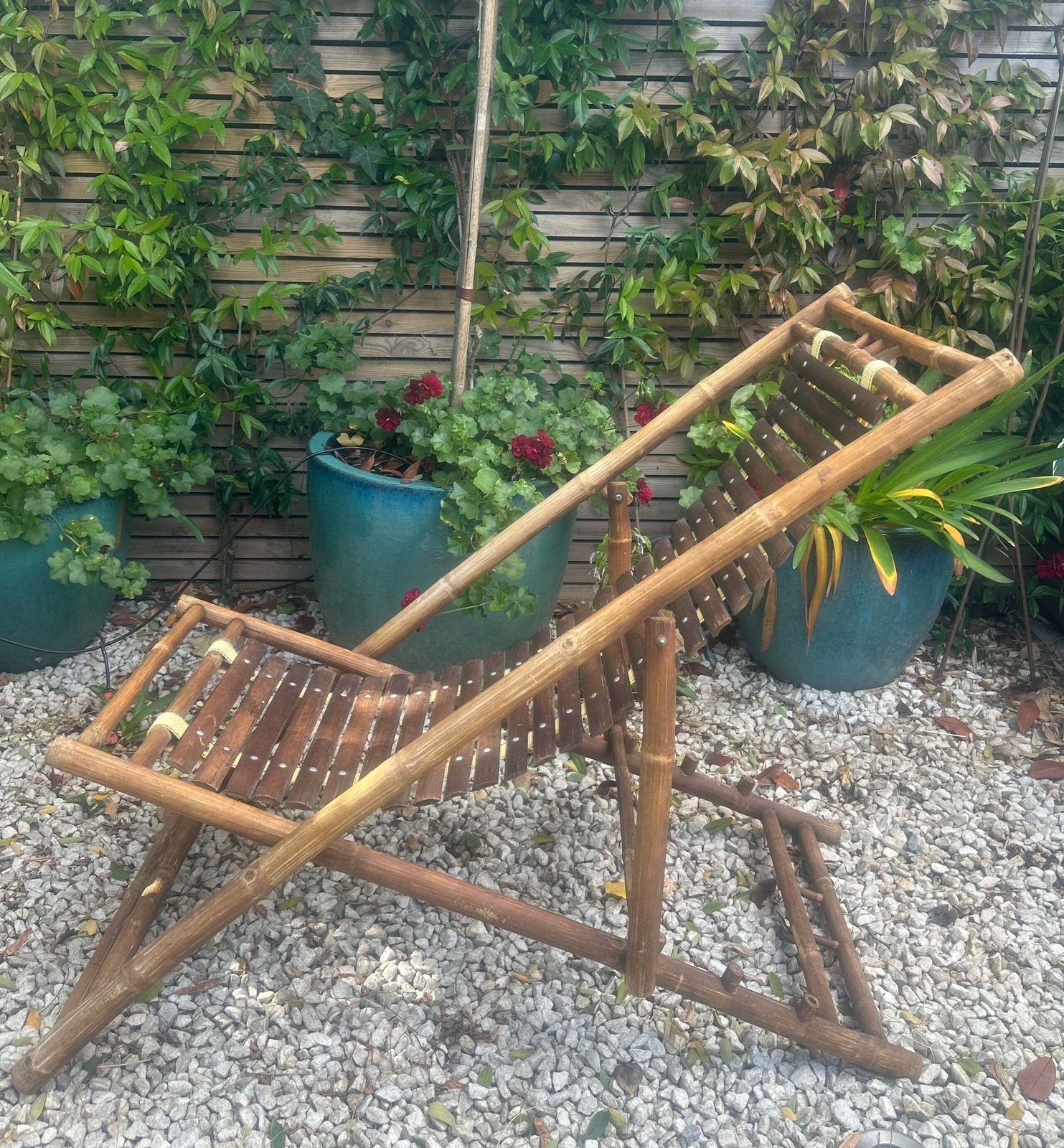 photo for sale Pair Of 1980s Rustic Italian Bamboo Slatted Deck Chairs Or Sun Loungers