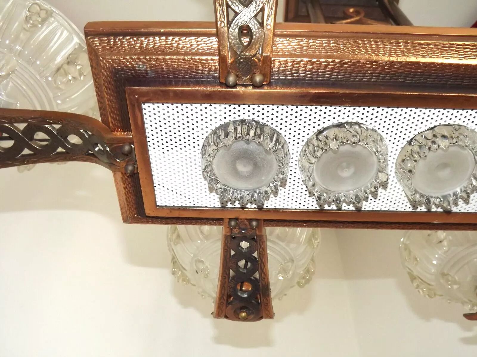 Lustre Art déco français 6 bras, 10 lumières, de style Petitot Ezan, finition cuivrée photo Luminaires