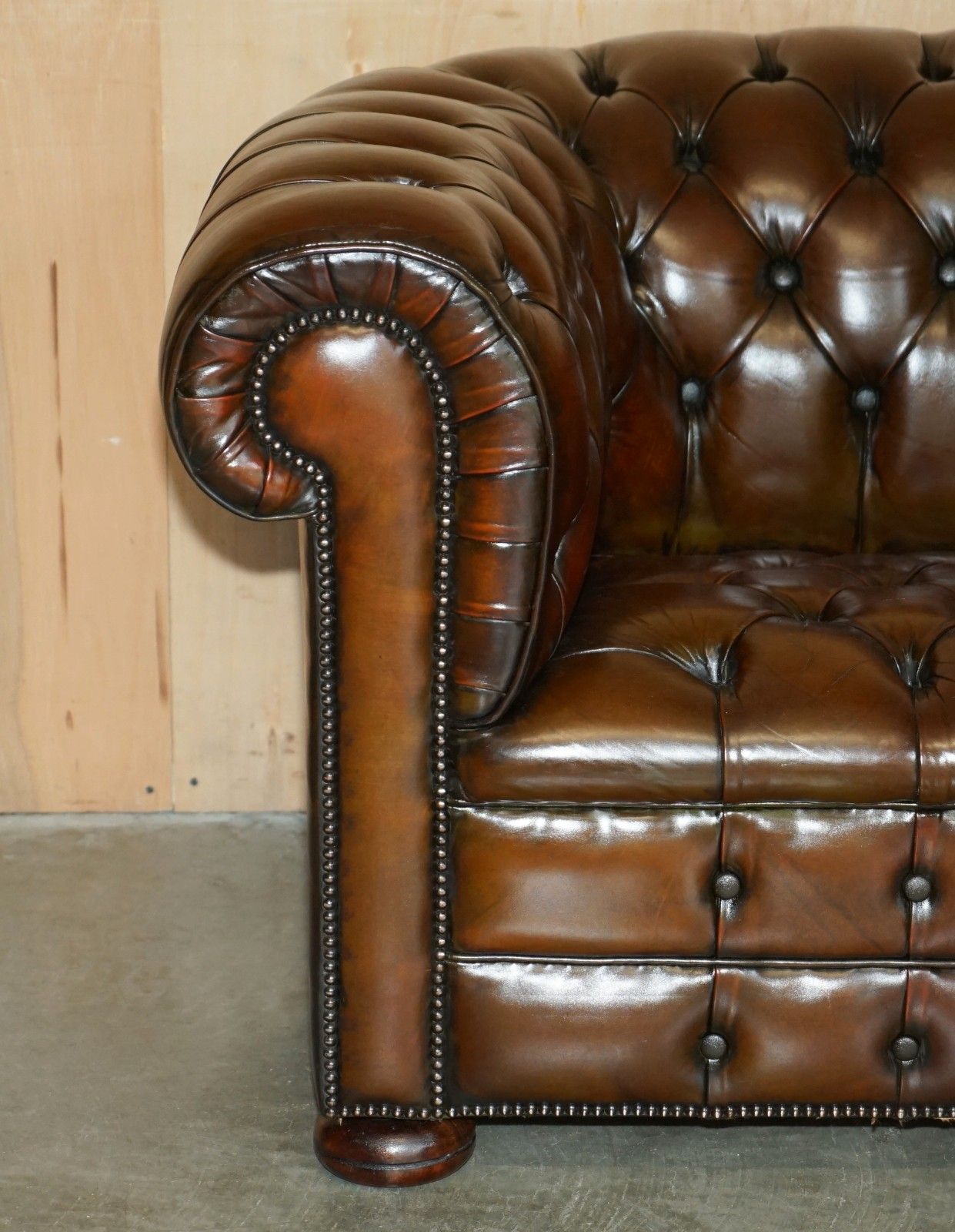 Restored 165cm Wide Chesterfield Fully Tufted Two Seat Brown Leather Club Sofa photo Furniture